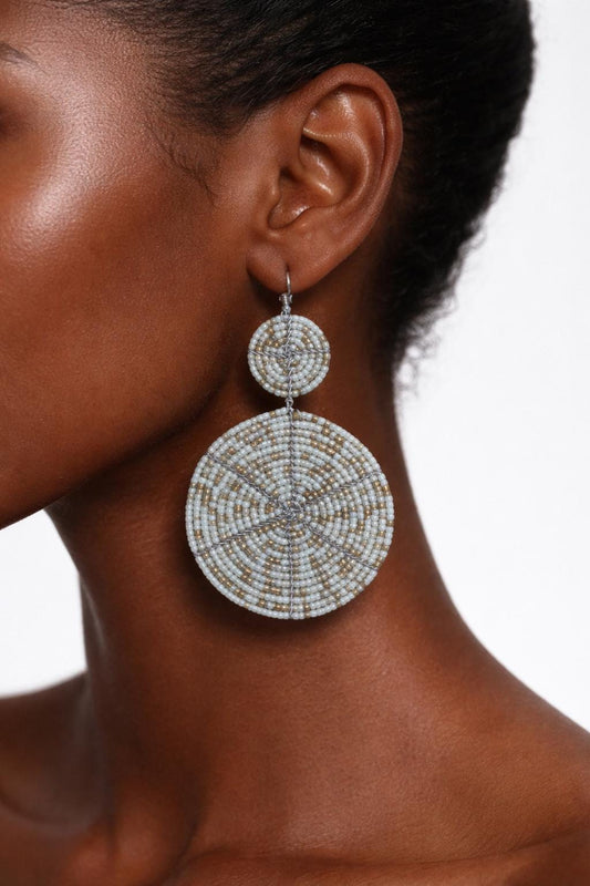 White and Brown Beaded Maasai Earrings Pair, Handmade African Boho Hoop Drop Jewelry