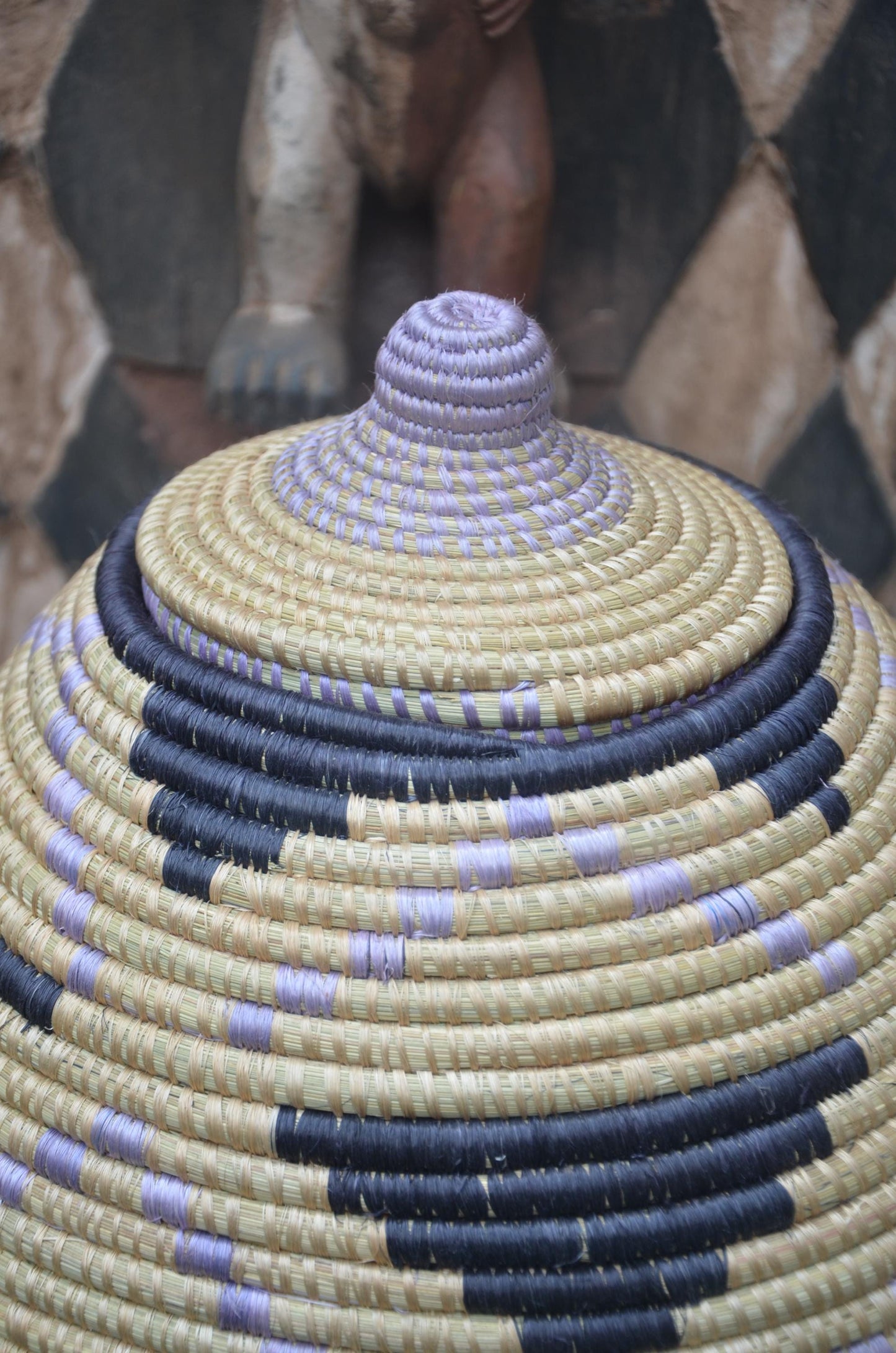 Rwandan Lidded Basket | Charcoal & Lavender Woven Storage | Artisan Home Decor