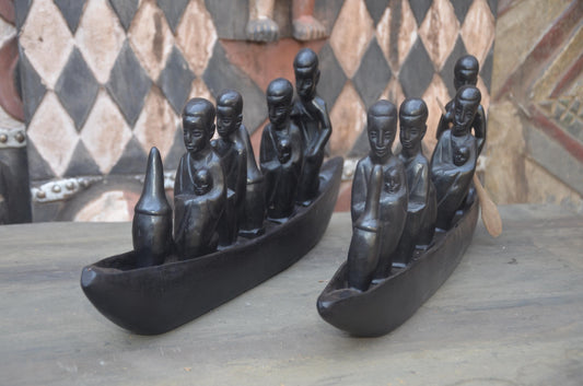 Set of 2 Hand-Carved African Canoe Sculptures | Fisherman Decor