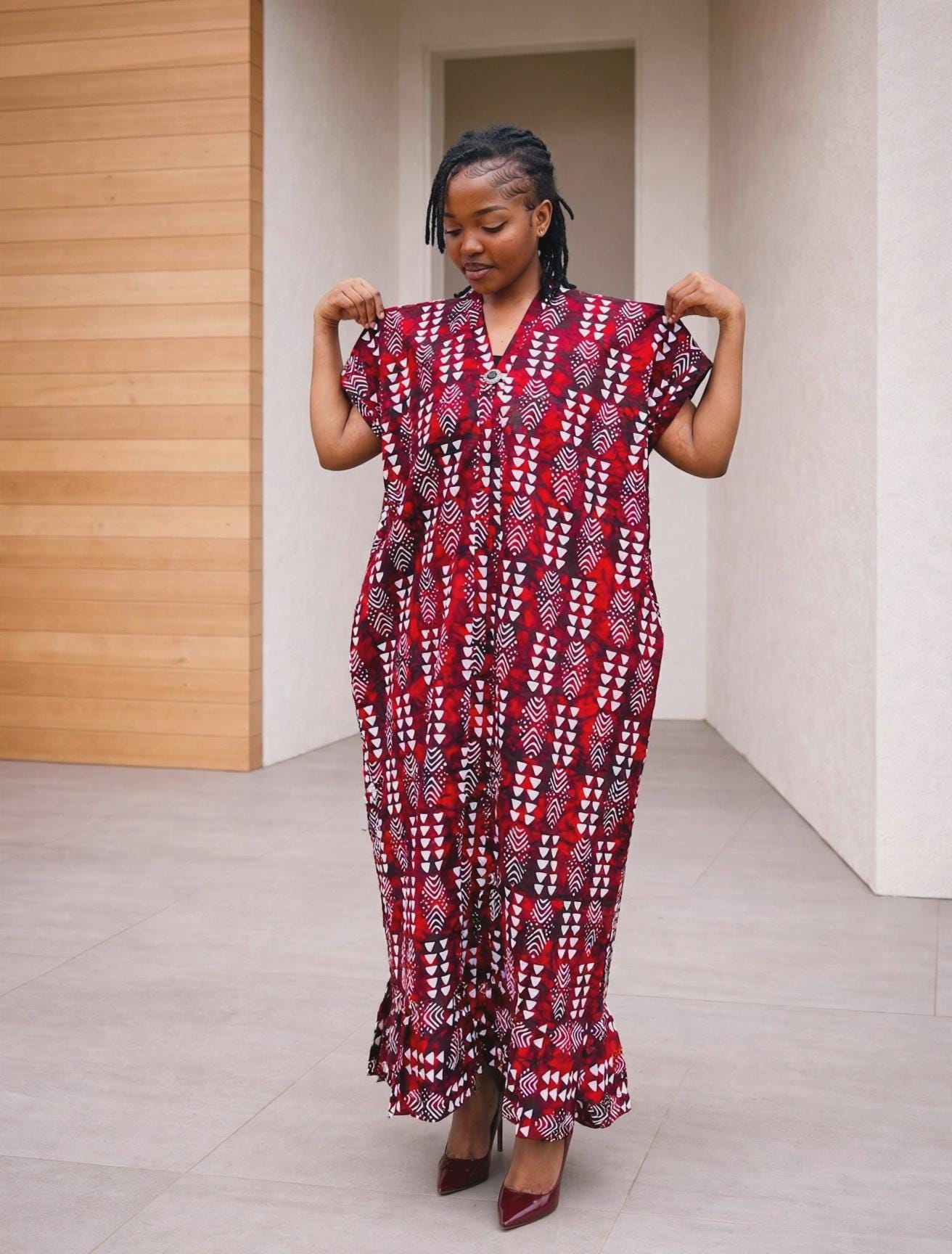 Arrowhead Ankara Boubou Gown | Geometric Cascade Kaftan, Wine Red Maxi