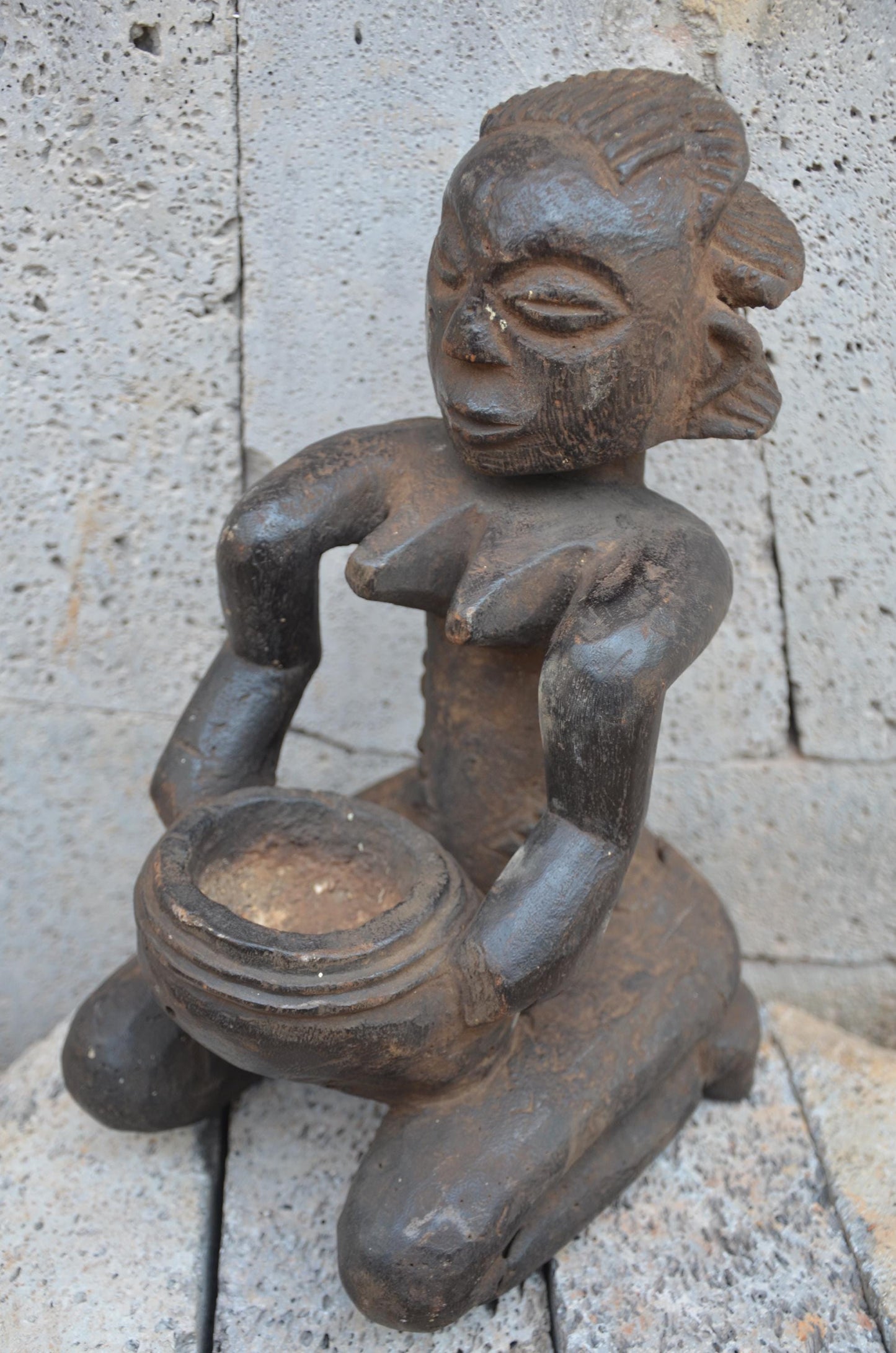Authentic Luba Bowl Bearer Statue | Congolese Tribal Art | Hand-Carved