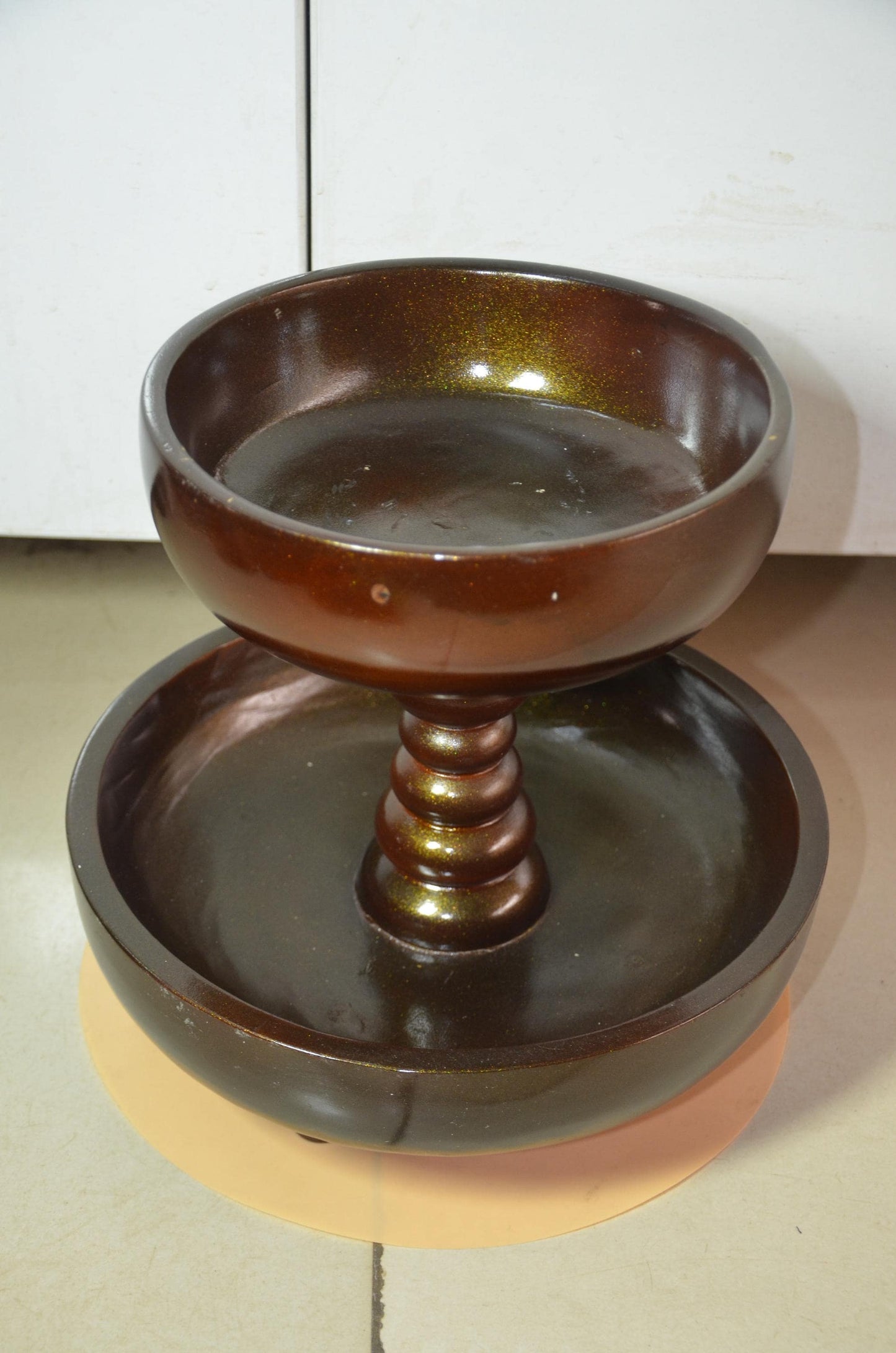 2 Tier Wooden Serving Tray | Metallic Bronze Pedestal Bowl Stand