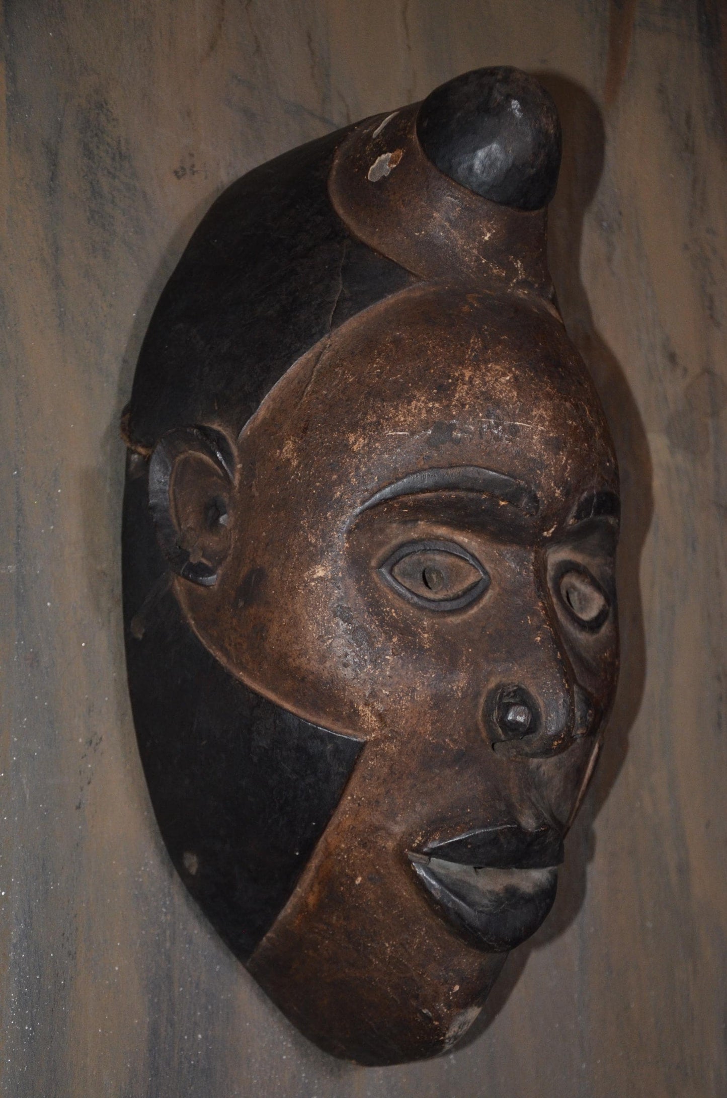 Authentic Baule Mask - 17" Hand-Carved Wood Mblo Portrait Mask, Côte d'Ivoire African Tribal Art, Elegant Crested Coiffure Statement Piece.