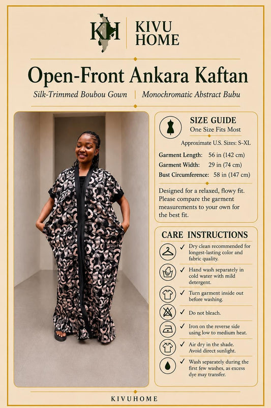 Open-Front Ankara Kaftan | Silk-Trimmed Boubou Gown, Monochromatic Bubu