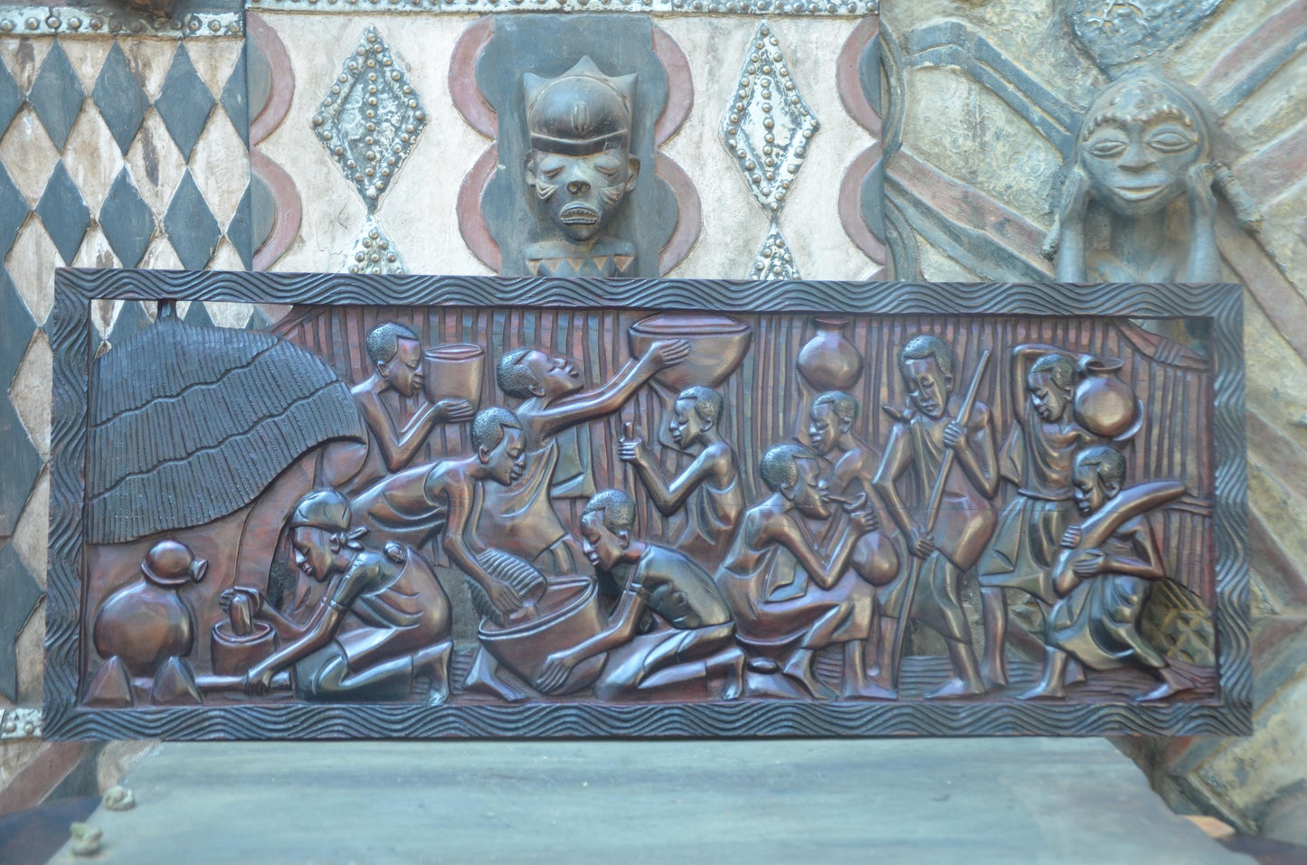 African Community Celebration Wall Plaque | Large Hand-Carved Wooden Relief Art | Village Gathering Wall Decor | Ethnic Sculptural Panel