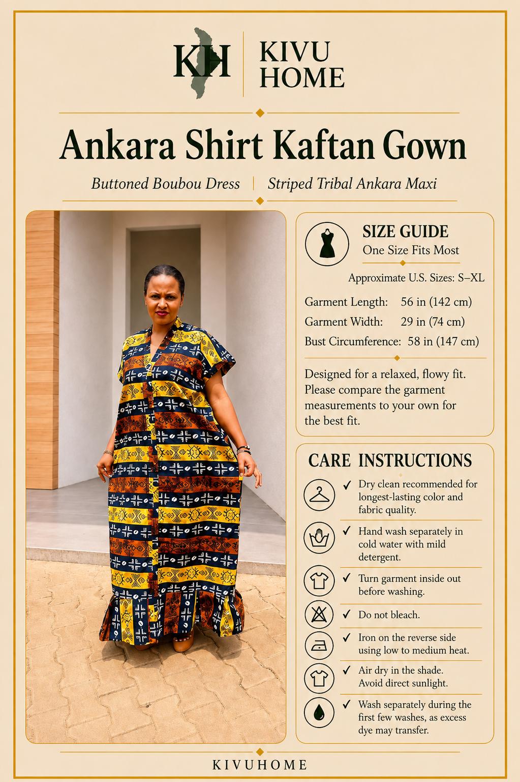 Ankara Shirt Kaftan Gown | Buttoned Boubou Dress, Striped Tribal Maxi