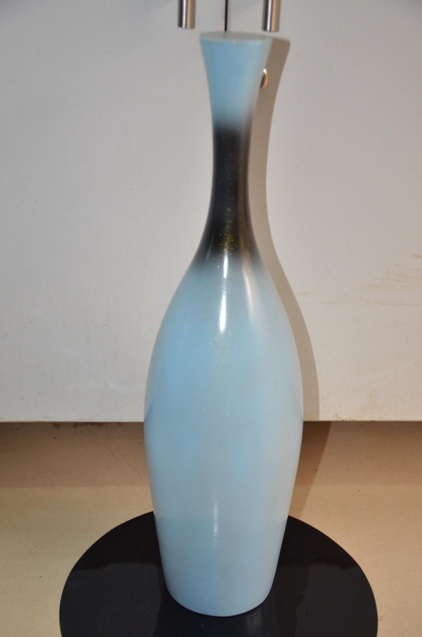 Tall Wooden Floor Vase | Light Blue and Black Long Neck Bottle Vase