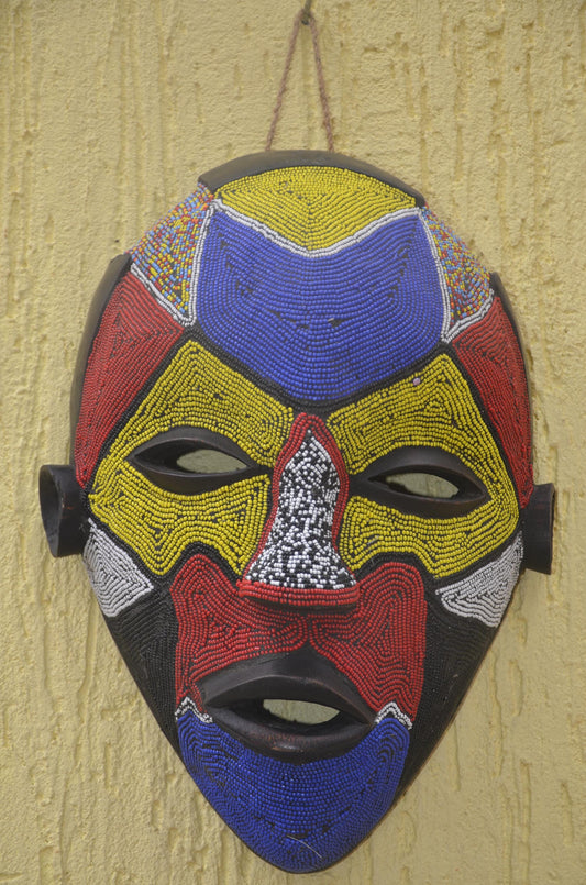 African Bamileke Beaded Tribal Mask - 17" Large Cameroon Grassfields Beaded Mask, Bold Wall Decor Statement Piece, Vintage African Art.