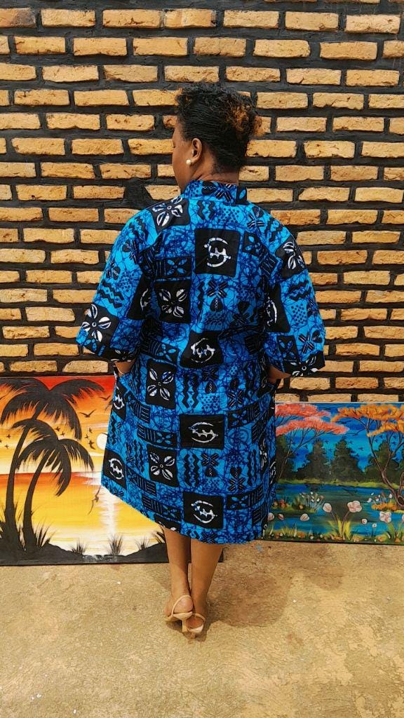 Ocean Breeze Short Dress | Blue Black Ankara Knee Length | Casual Chic African Print Gown