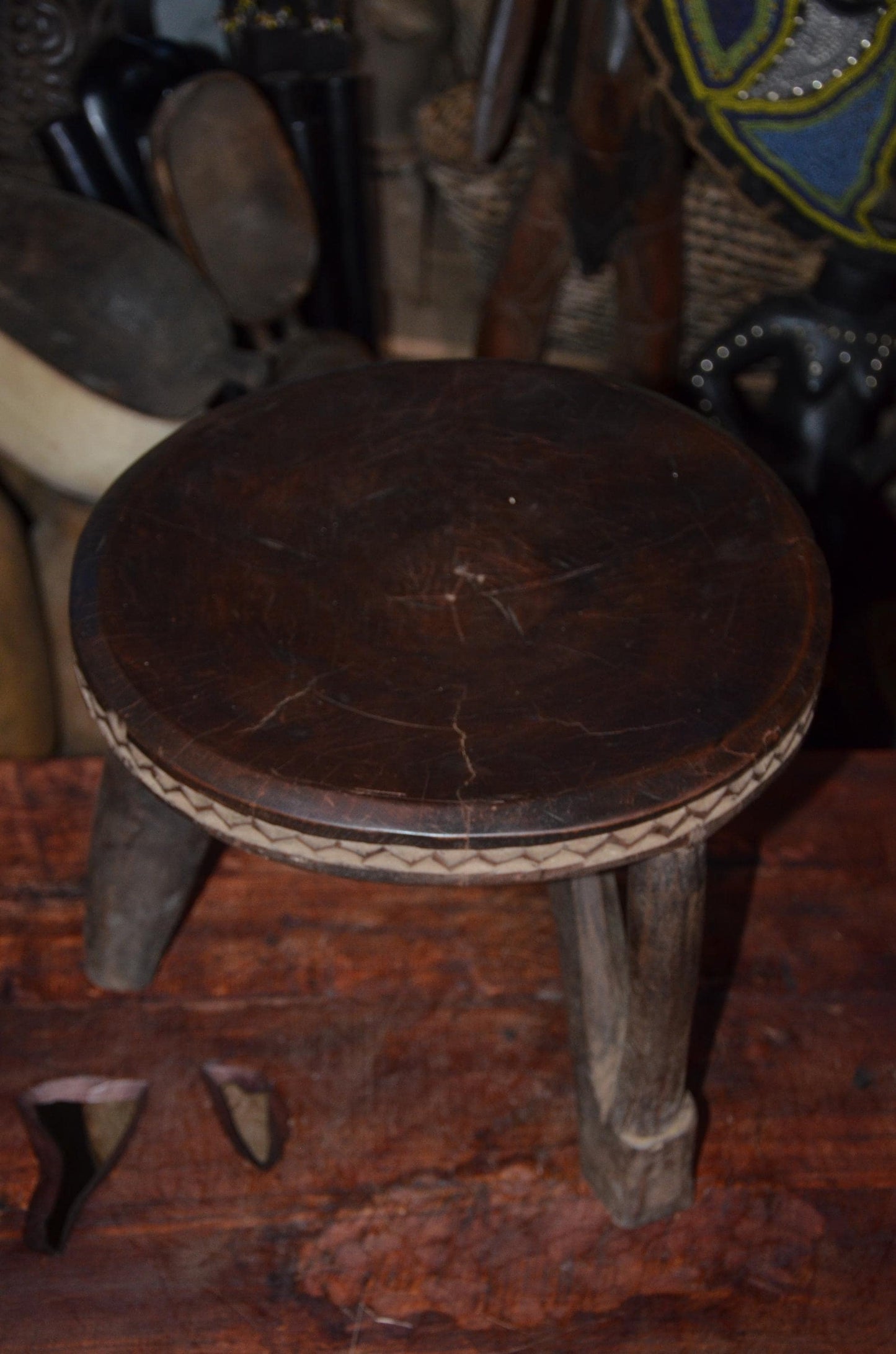 Authentic Kamba / Senufo Three-Legged Stool - 14" Hand-Carved African Wood Prestige Stool, Incised Geometric Rim.
