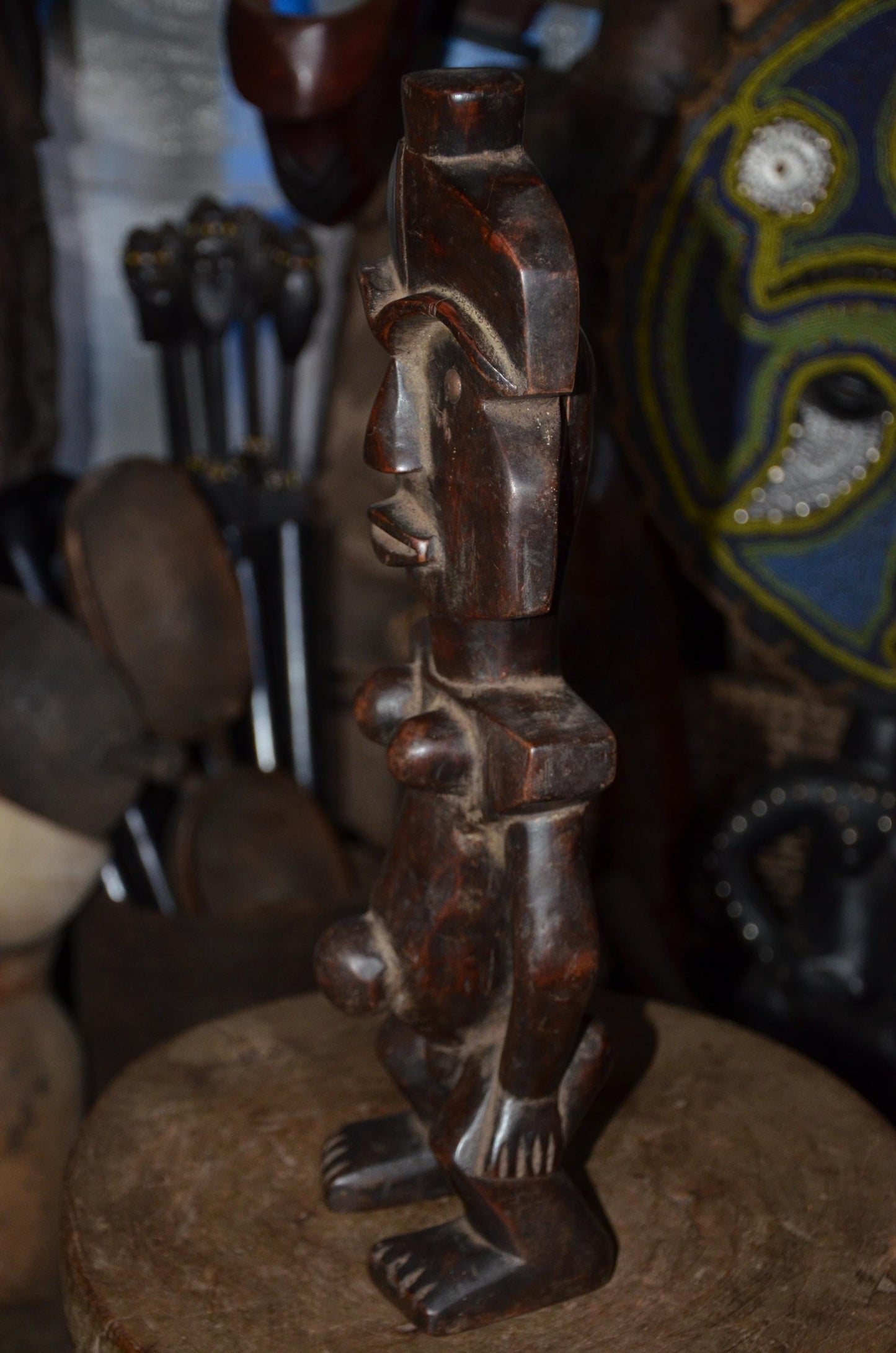 Fang Reliquary Guardian Figure - 17" Authentic Gabon Eyema Byeri Wood Statue, Cubist Geometry Ancestor Carving.