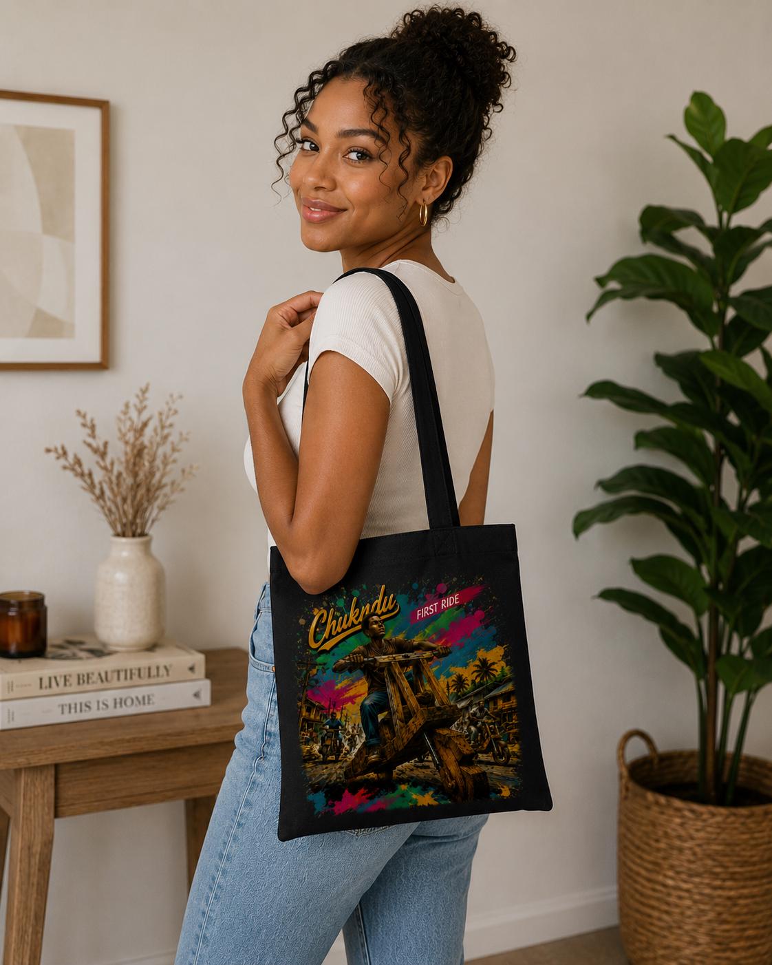 Chukudu First Ride Tote Bag, African Heritage Canvas Bag, Congolese Wooden Scooter Art, Cultural Gift, African Nostalgia Tote
