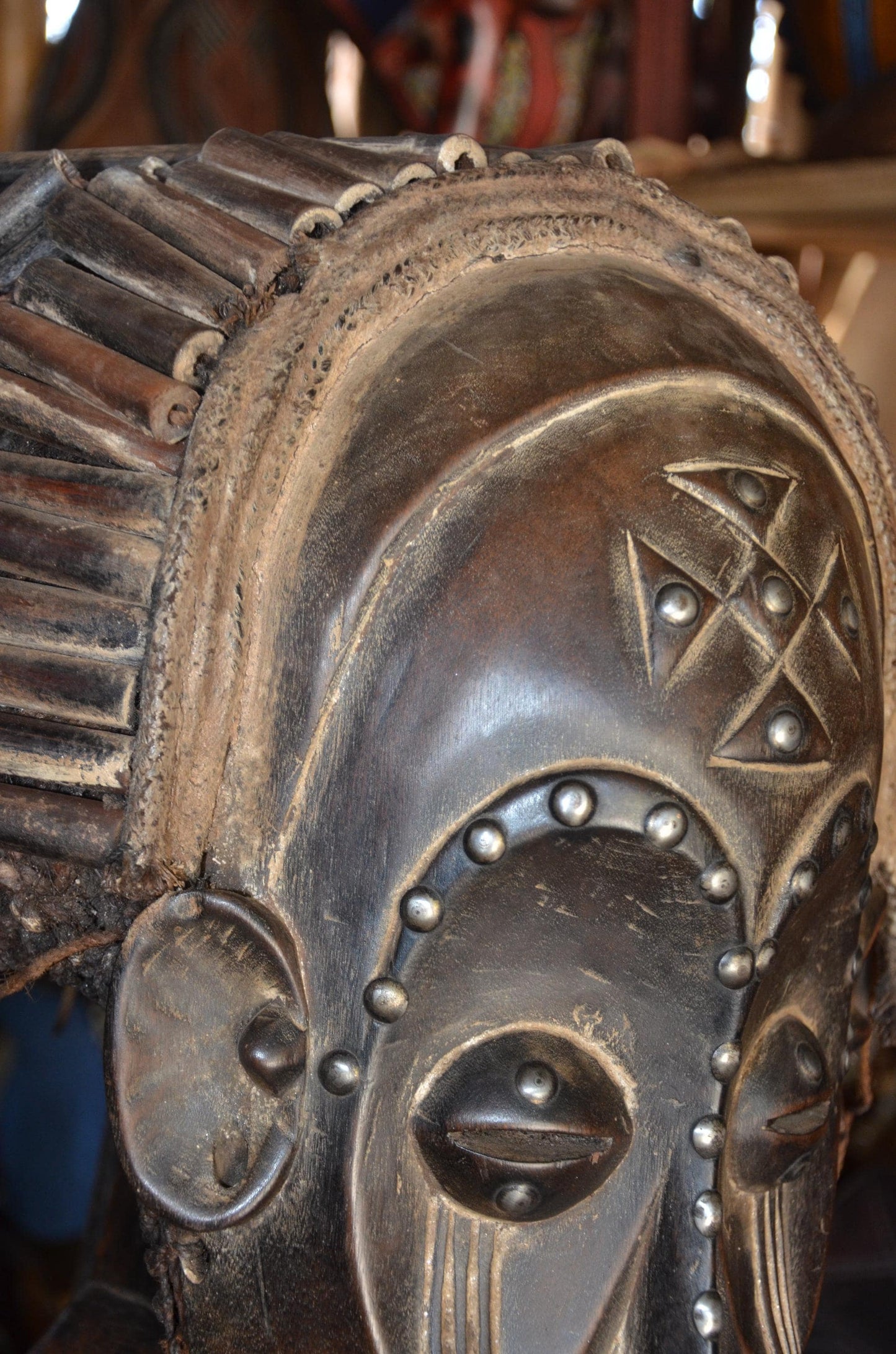 Authentic African Chokwe Mwana Pwo Mask - 19" Beaded Stand Display, Metallic Stud Details, Elegant Angola Tribal Wood Carving.