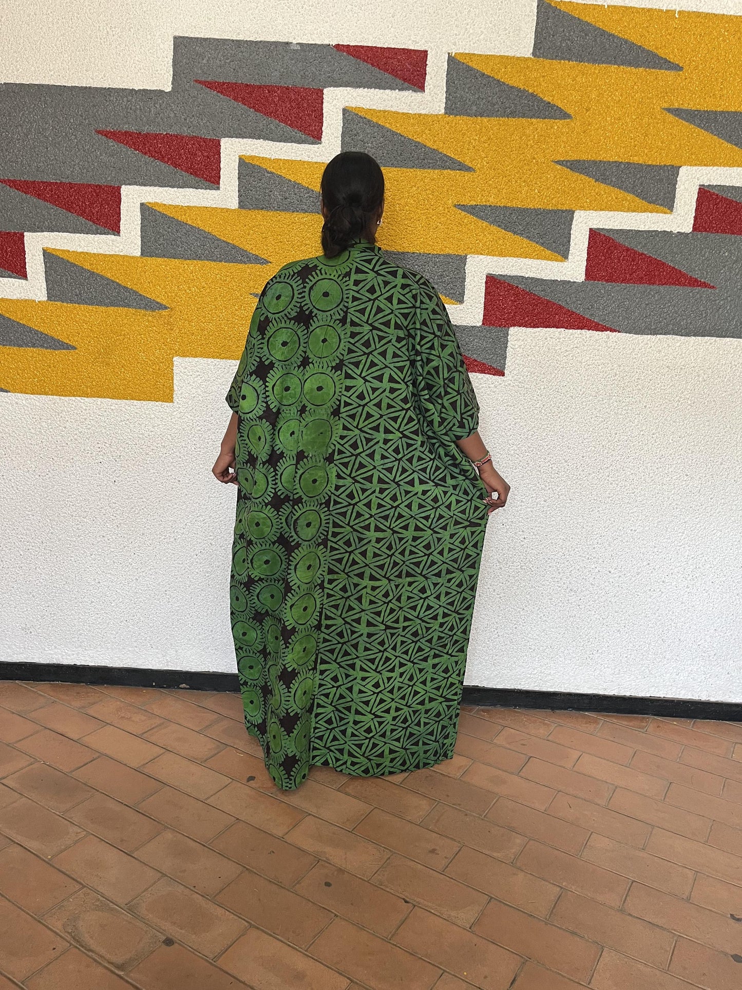 Asymmetrical Graphic Ankara Boubou Gown | Split-Print African Kaftan, Geometric & Celestial Maxi
