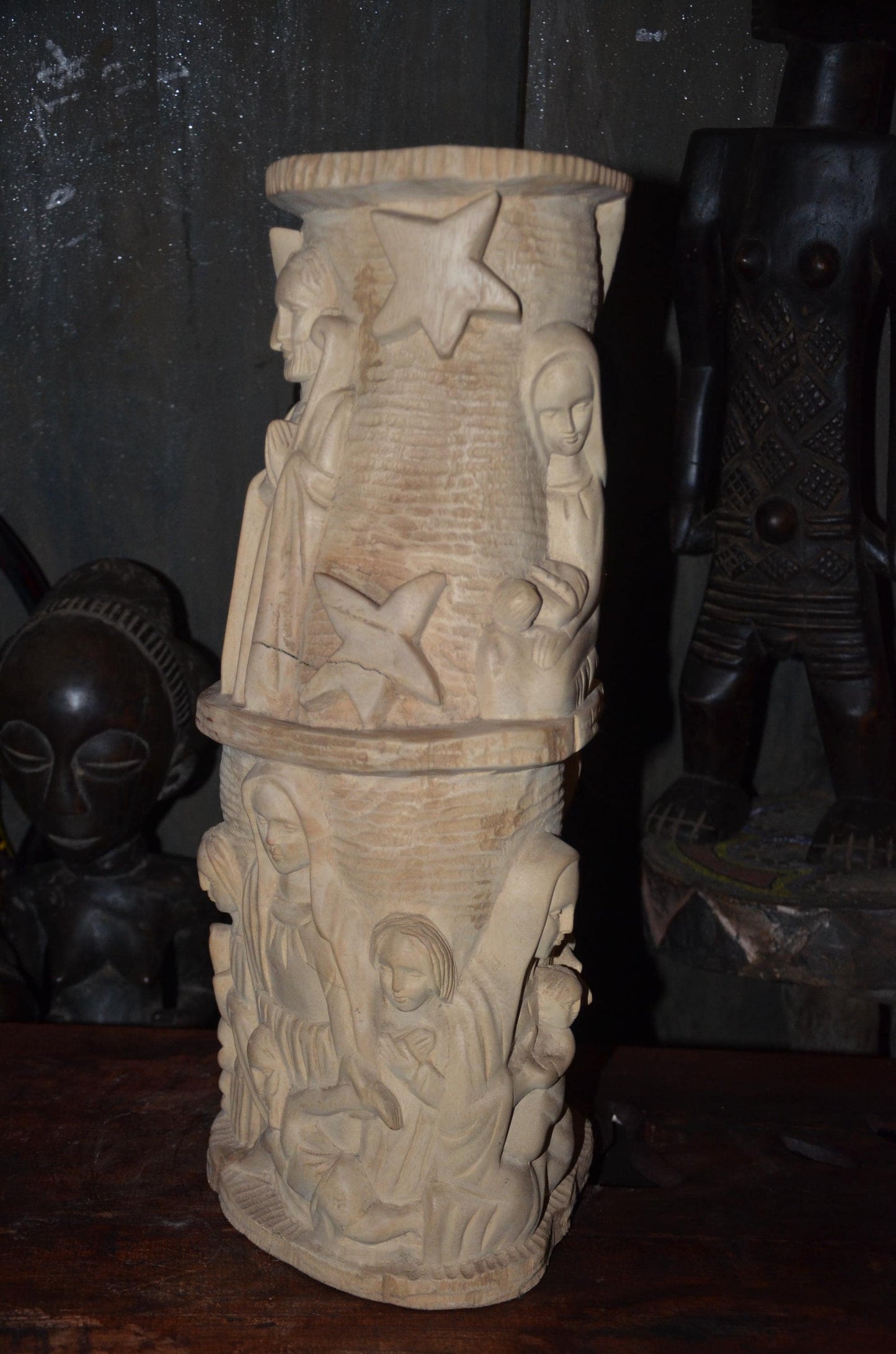 African Carved Wood Stool | Relief Side Table | Handmade Tribal Furniture