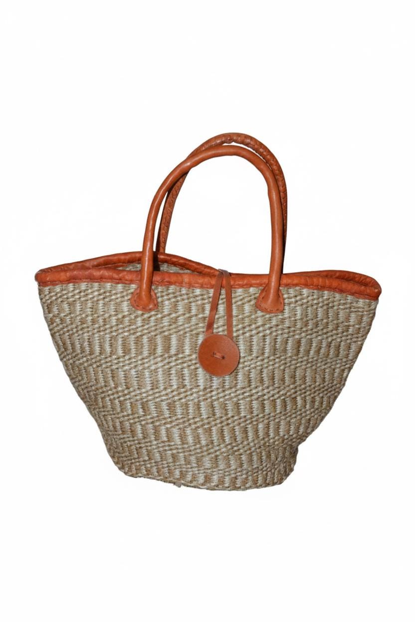 Medium Handwoven Sisal Bag, African Kiondo Basket Tote, Sustainable Boho Everyday Shoulder Bag, 18 Inches