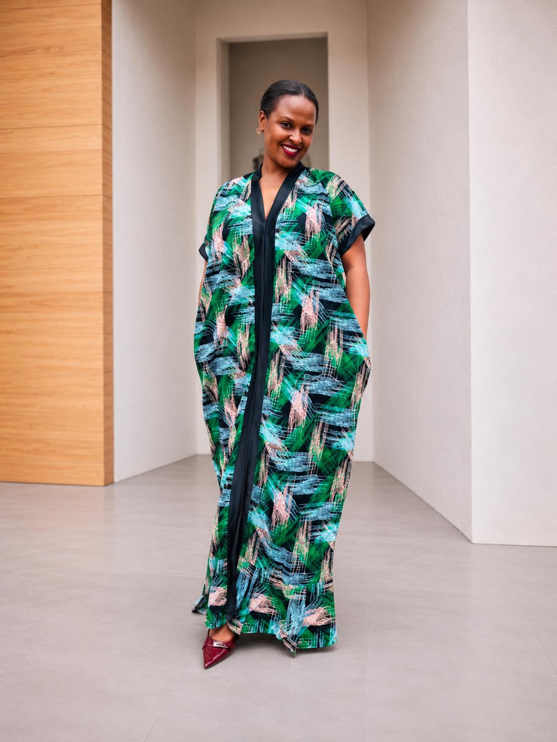 Open-Front Kampala Maxi Gown | Brushstroke Silk Kaftan, Adire Boubou