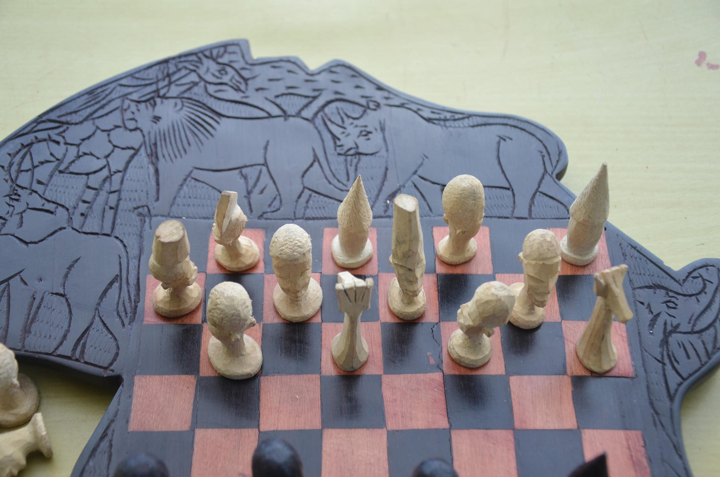 Makonde Animal-Themed Hand-Carved Wooden Chess Set | Tanzanian & Kenyan Artisan Game Board