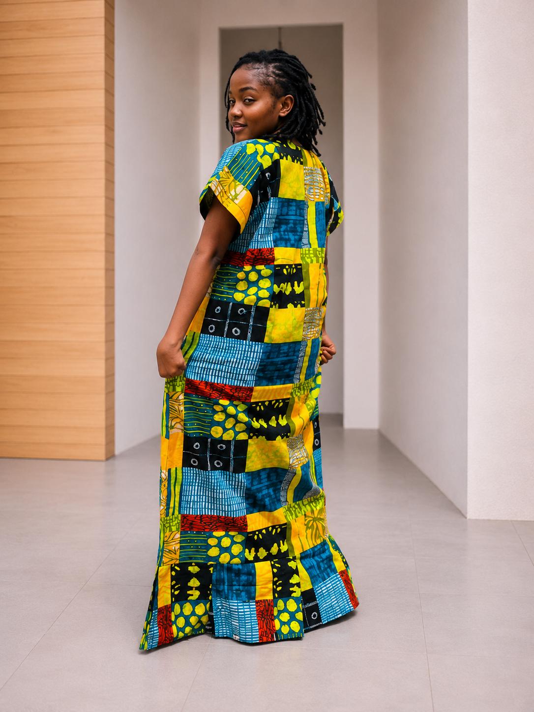 Deela Ankara Patchwork Bubu Dress | Free Size African Print Caftan, Maxi Dress