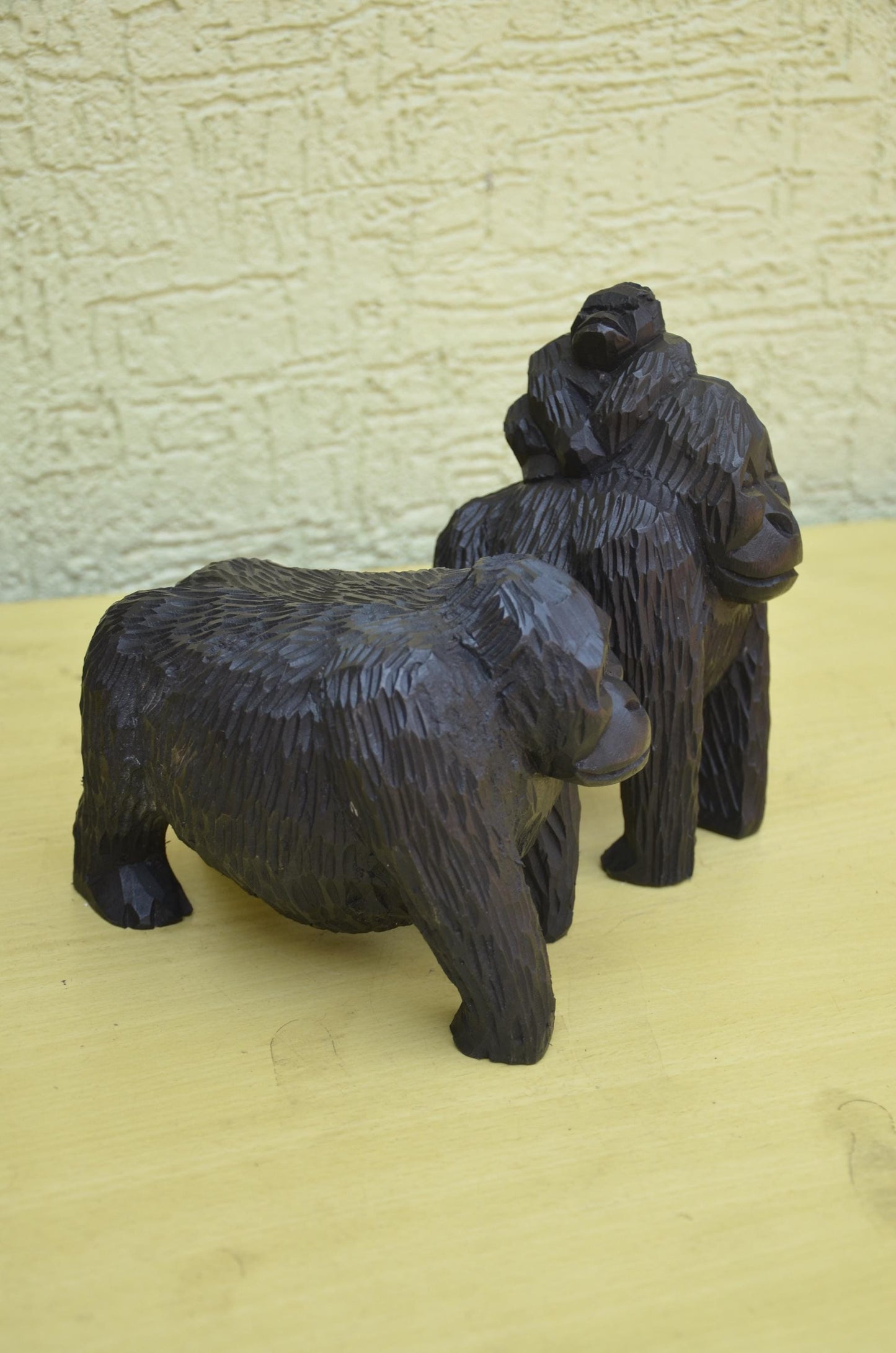 Hand Carved Wooden Gorilla Family Sculpture | Wildlife Art