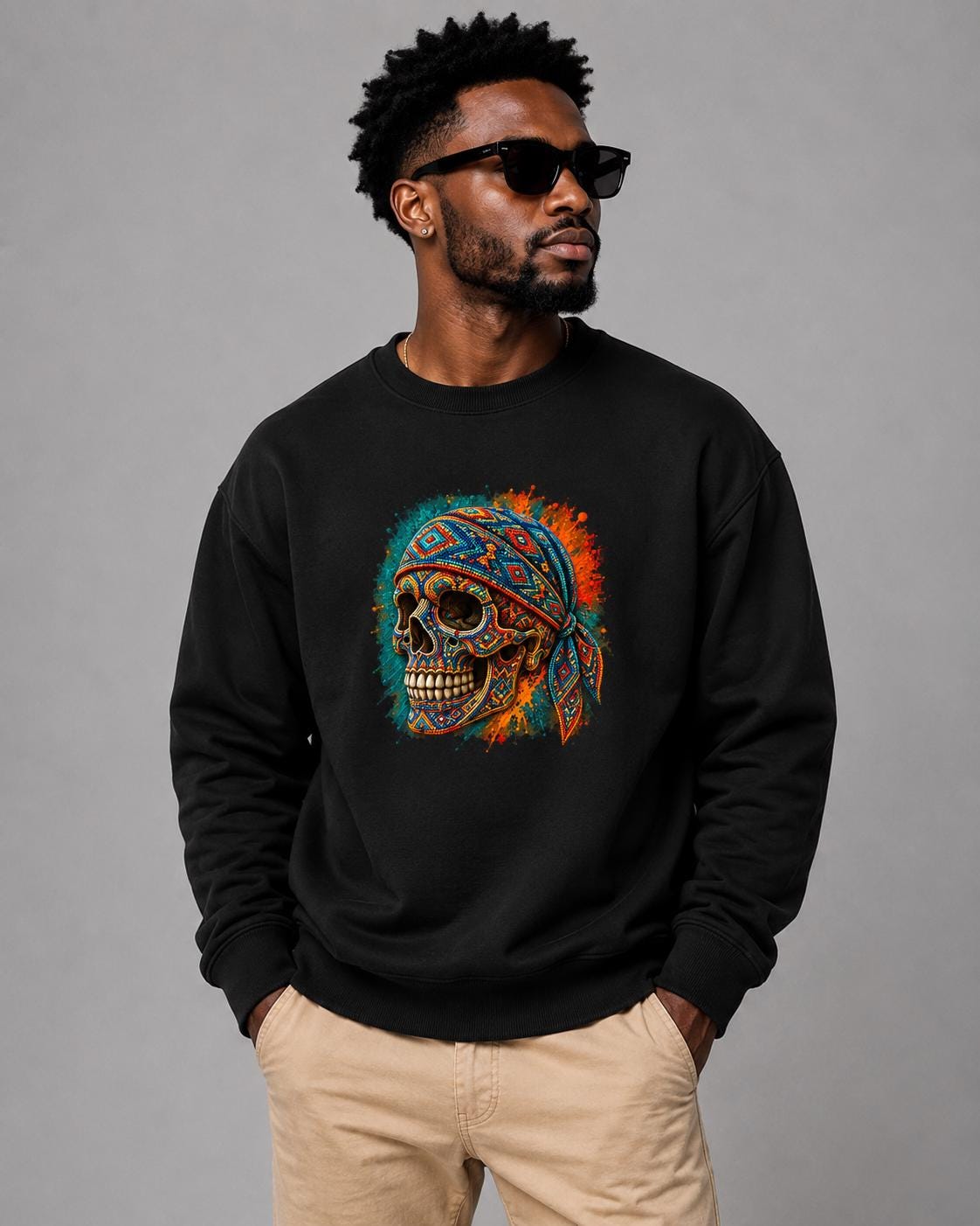 African Inspired Skull Sweatshirt, Colorful Geometric Skull Crewneck, Halloween Streetwear