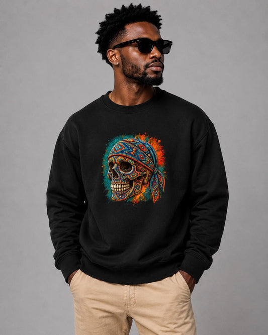 African Inspired Skull Sweatshirt, Colorful Geometric Skull Crewneck, Halloween Streetwear