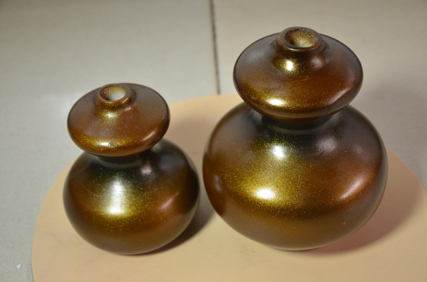 Set of 2 Bronze Wooden Gourd Vases | Metallic Gold Calabash Vessel Duo | Modern Nordic Home Decor Accent | Handcrafted Minimalist Wood Art