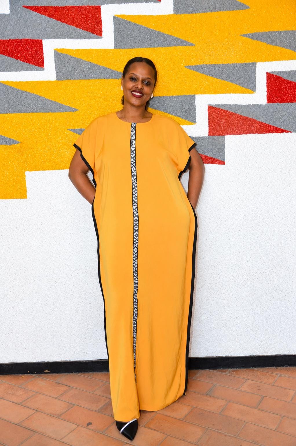 Minimalist Mustard Yellow Boubou Gown | Plain Kaftan with Patterned Placket, Solid Maxi