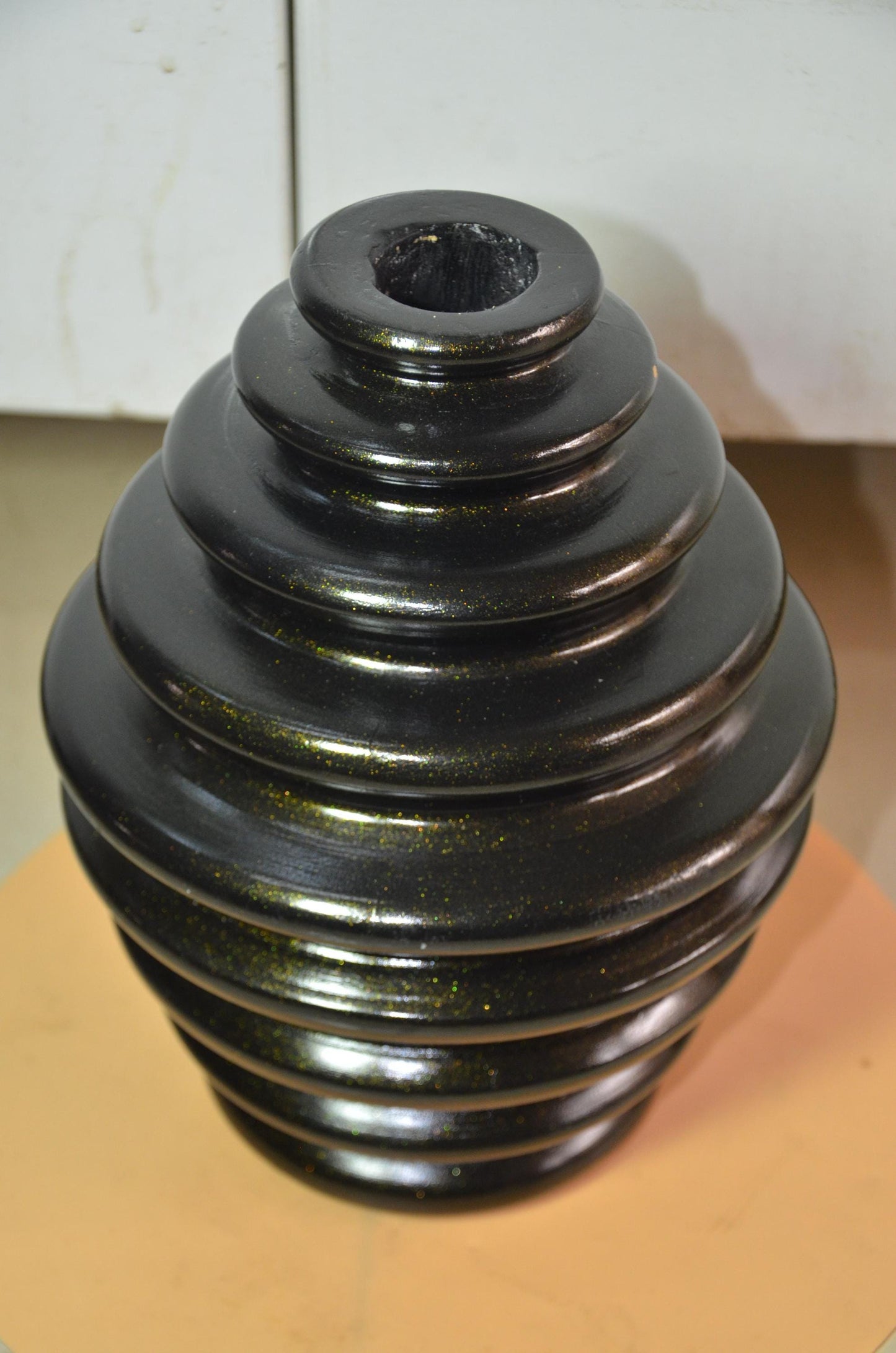 Large Black Wooden Ribbed Vase | Gold Shimmer Beehive Ringed Vessel, Nordic Decor