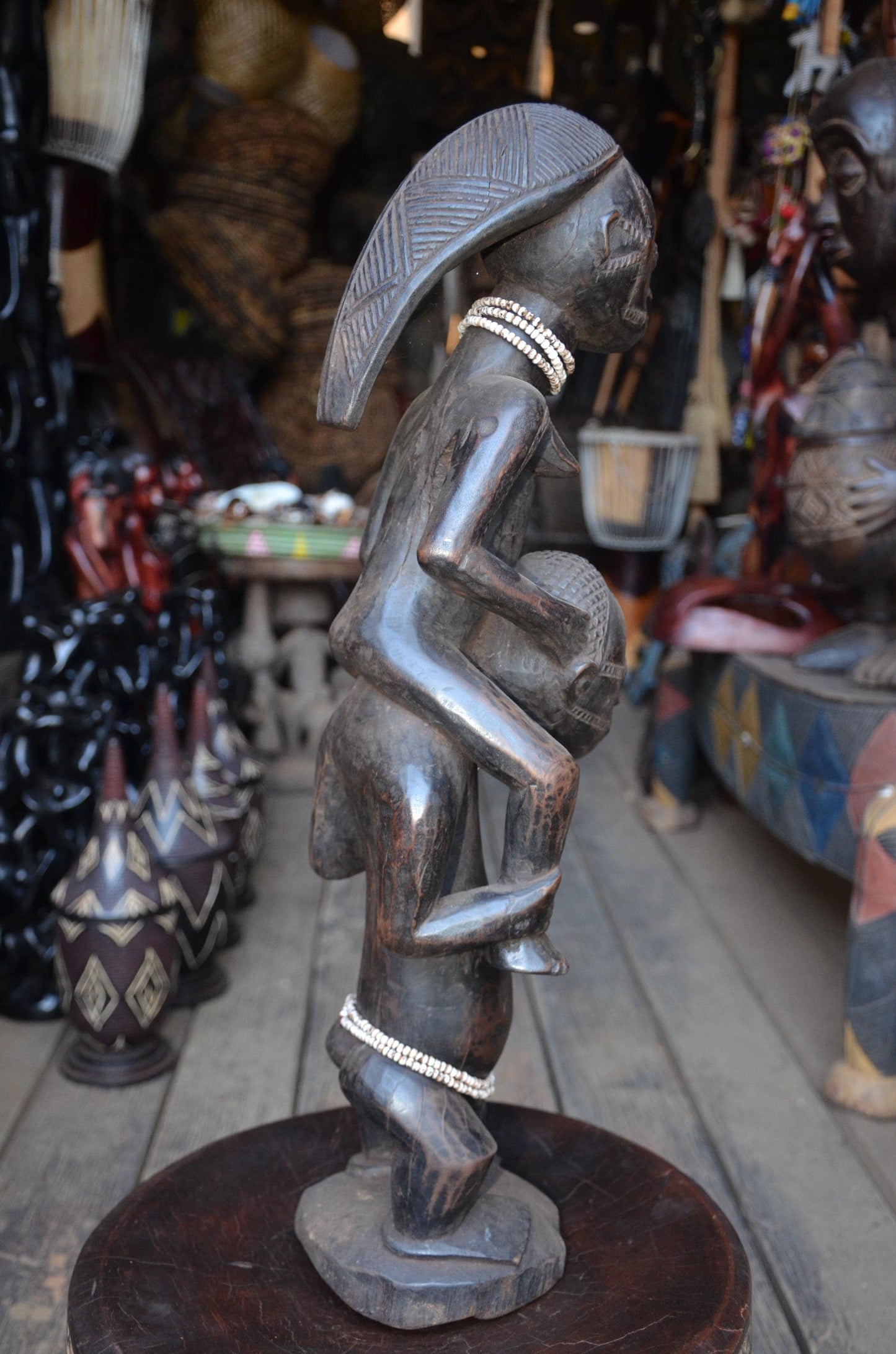 Authentic Luba Dual-Figure Statue – Hand-Carved Wood Ancestor Sculpture, Beaded Accent Congo