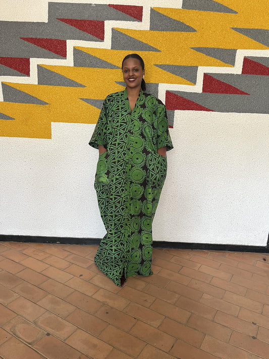 Asymmetrical Graphic Ankara Boubou Gown | Split-Print African Kaftan, Geometric & Celestial Maxi