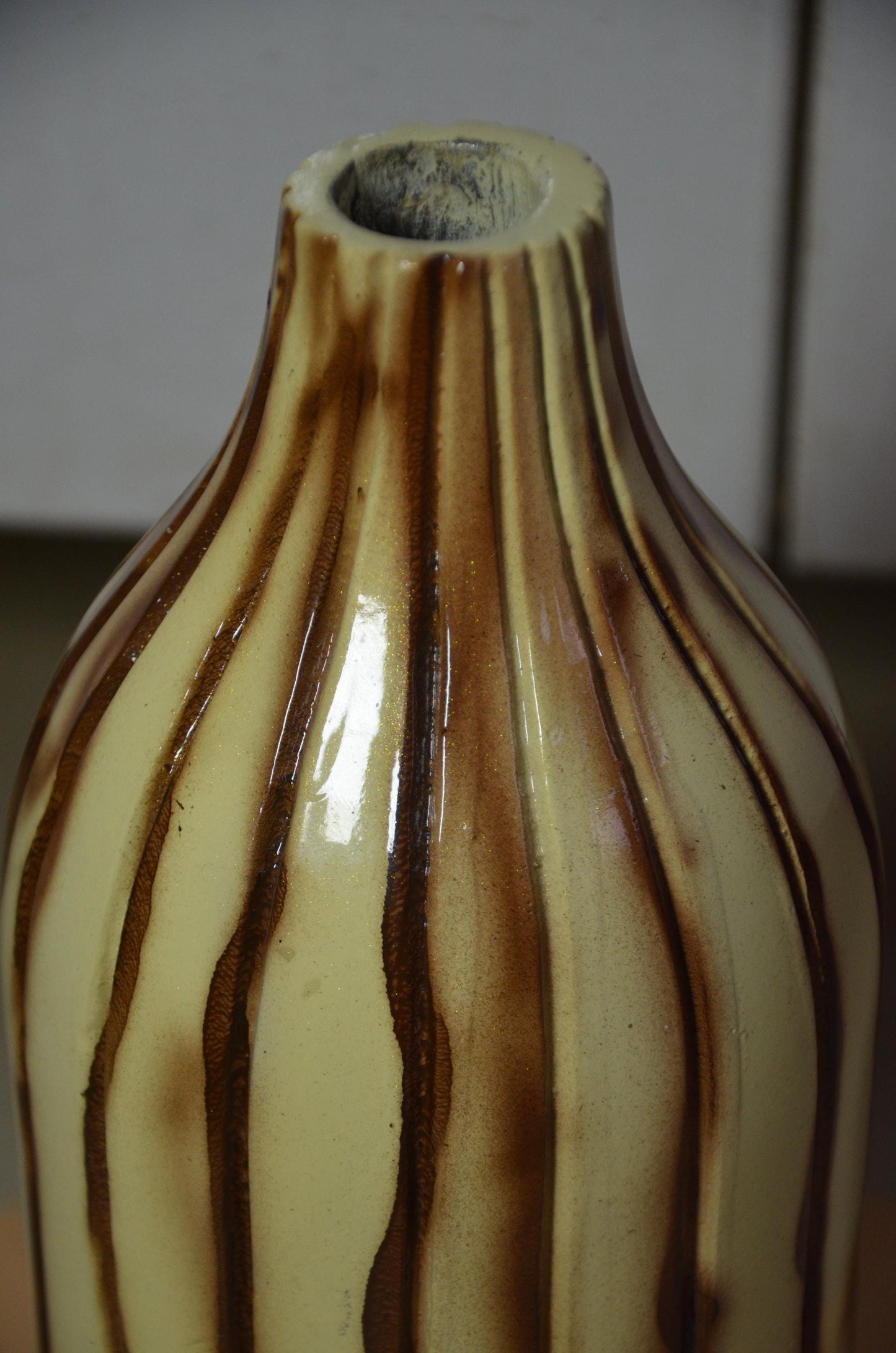 Fluted Wooden Bottle Vase | Cream and Brown Ribbed Vessel