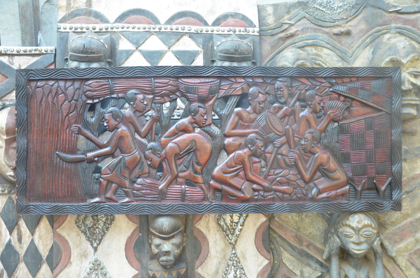African Community Celebration Wall Plaque | Large Hand-Carved Wooden Relief Art | Village Gathering Wall Decor | Ethnic Sculptural Panel