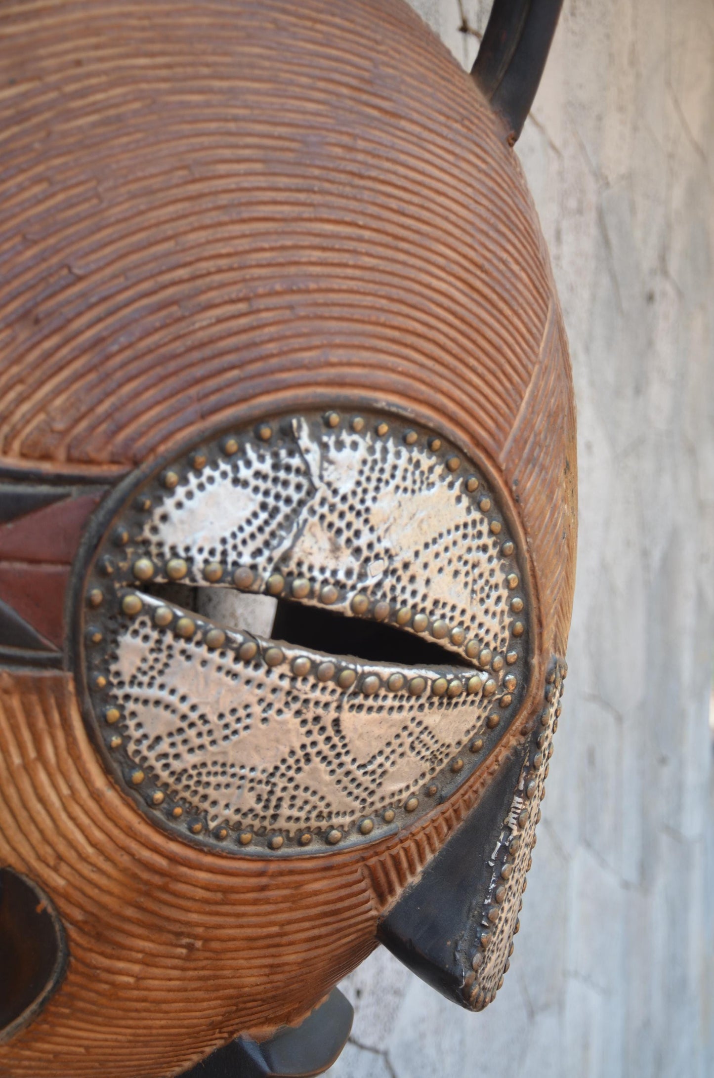 Luba Large African Mask – 33" Hand-Carved Wood & Brass Mask – Congo Wall Art.