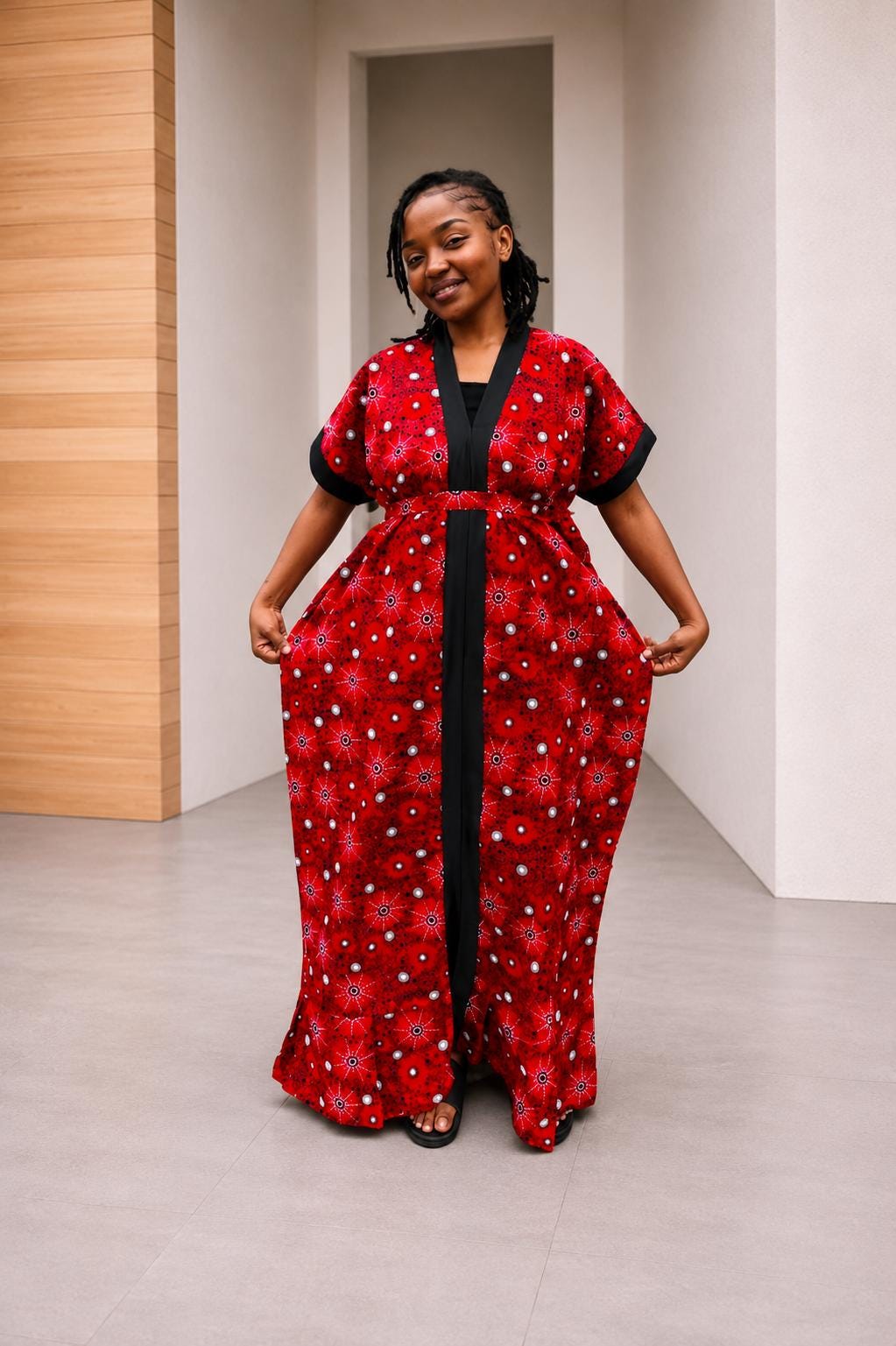 Tie-Front Ankara Kimono Maxi | Cuffed Satin-Trim Boubou, Red Gown