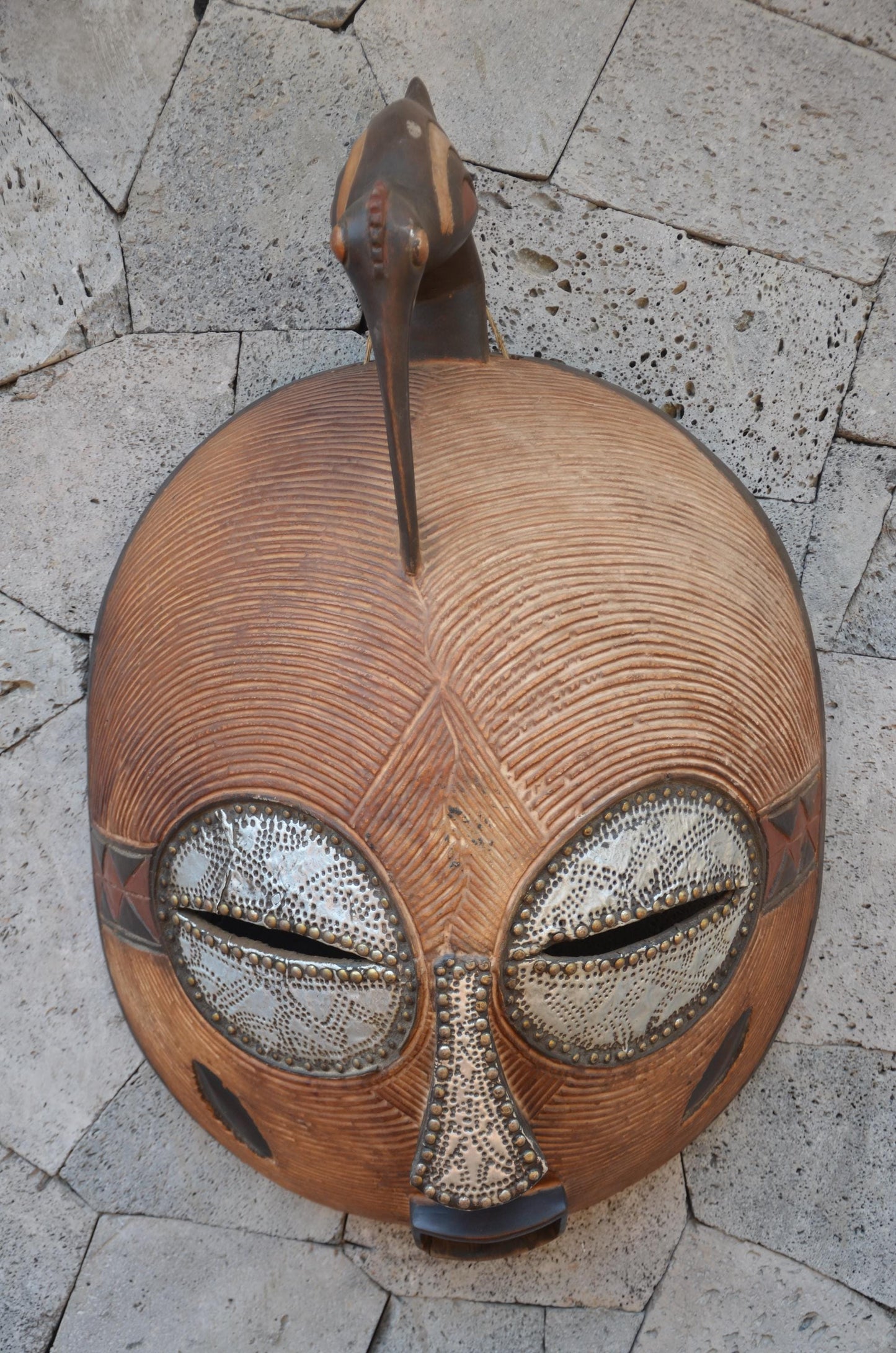 Luba Large African Mask – 33" Hand-Carved Wood & Brass Mask – Congo Wall Art.