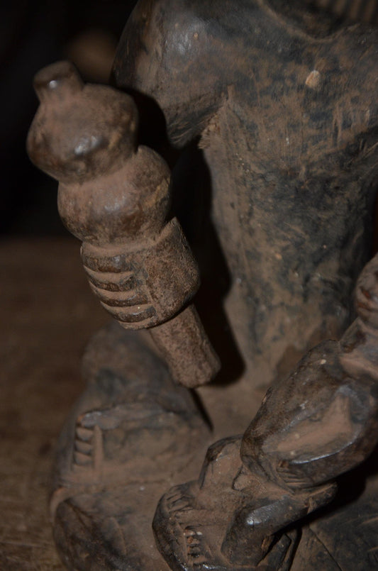 Luba Hemba Ancestor Figure | Seated Chief with Staff & Child | Tribal Wood Statue