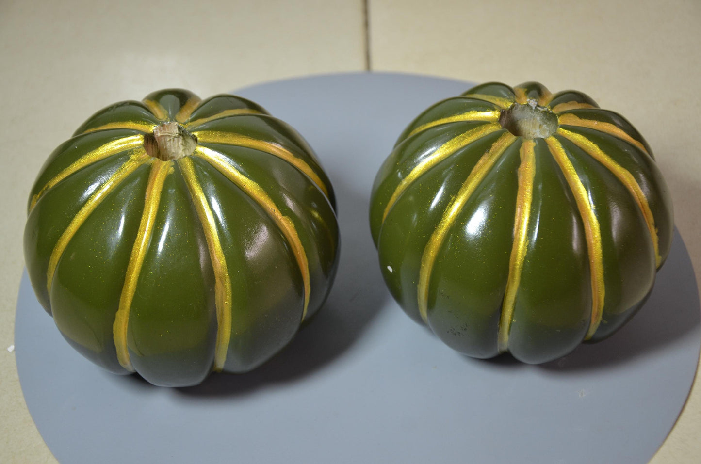 Set of 2 Fluted Green Pumpkin Vases | Metallic Olive Gold Ribbed Vessel Duo | Modern Nordic Home Decor Accent | Handcrafted Wood Art
