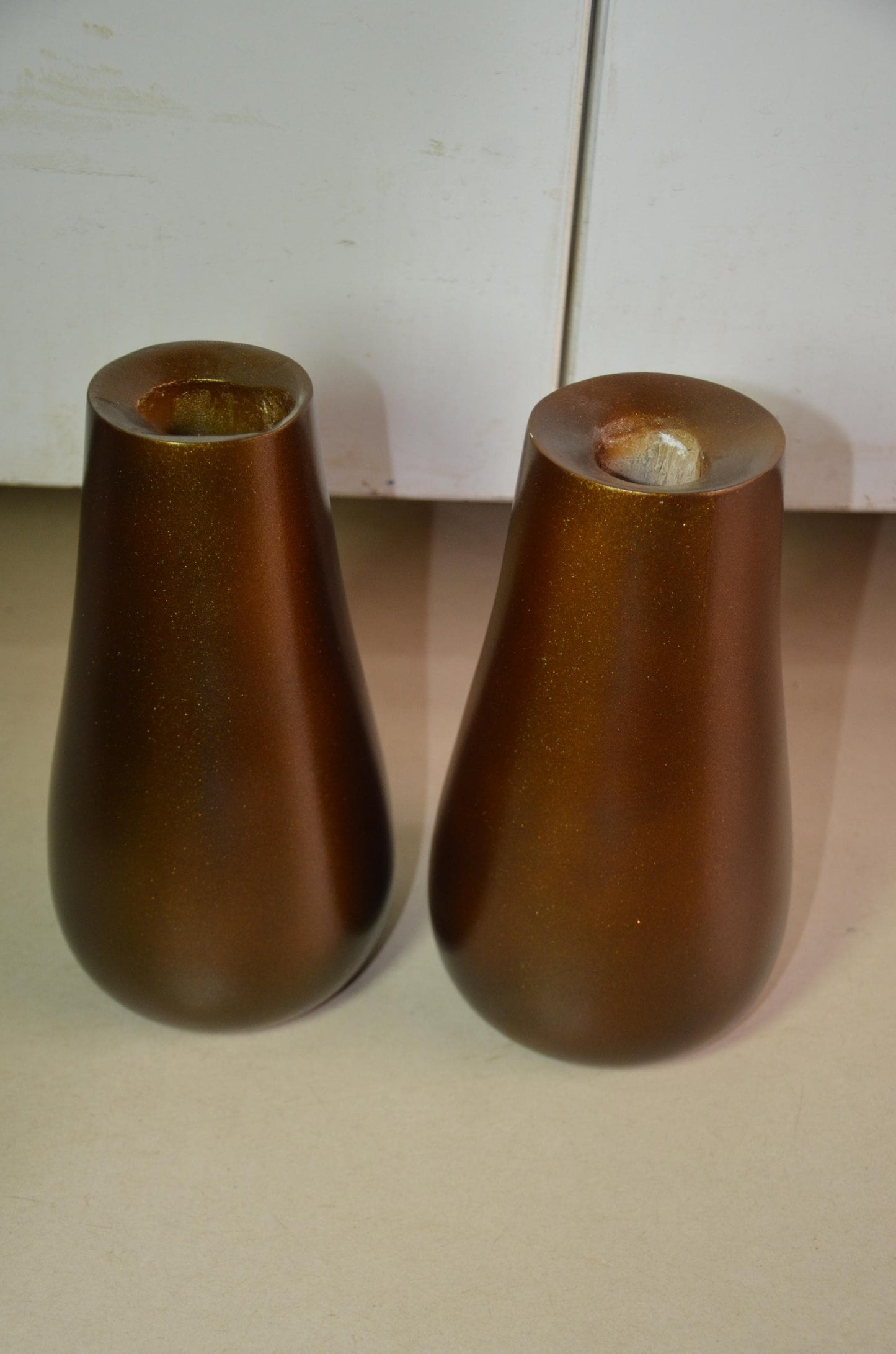 Bronze Wooden Bud Vases | Metallic Gold Teardrop Vessel Duo