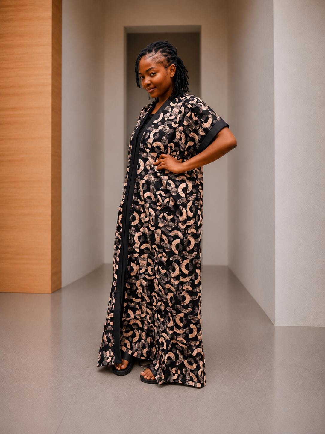 Open-Front Ankara Kaftan | Silk-Trimmed Boubou Gown, Monochromatic Bubu