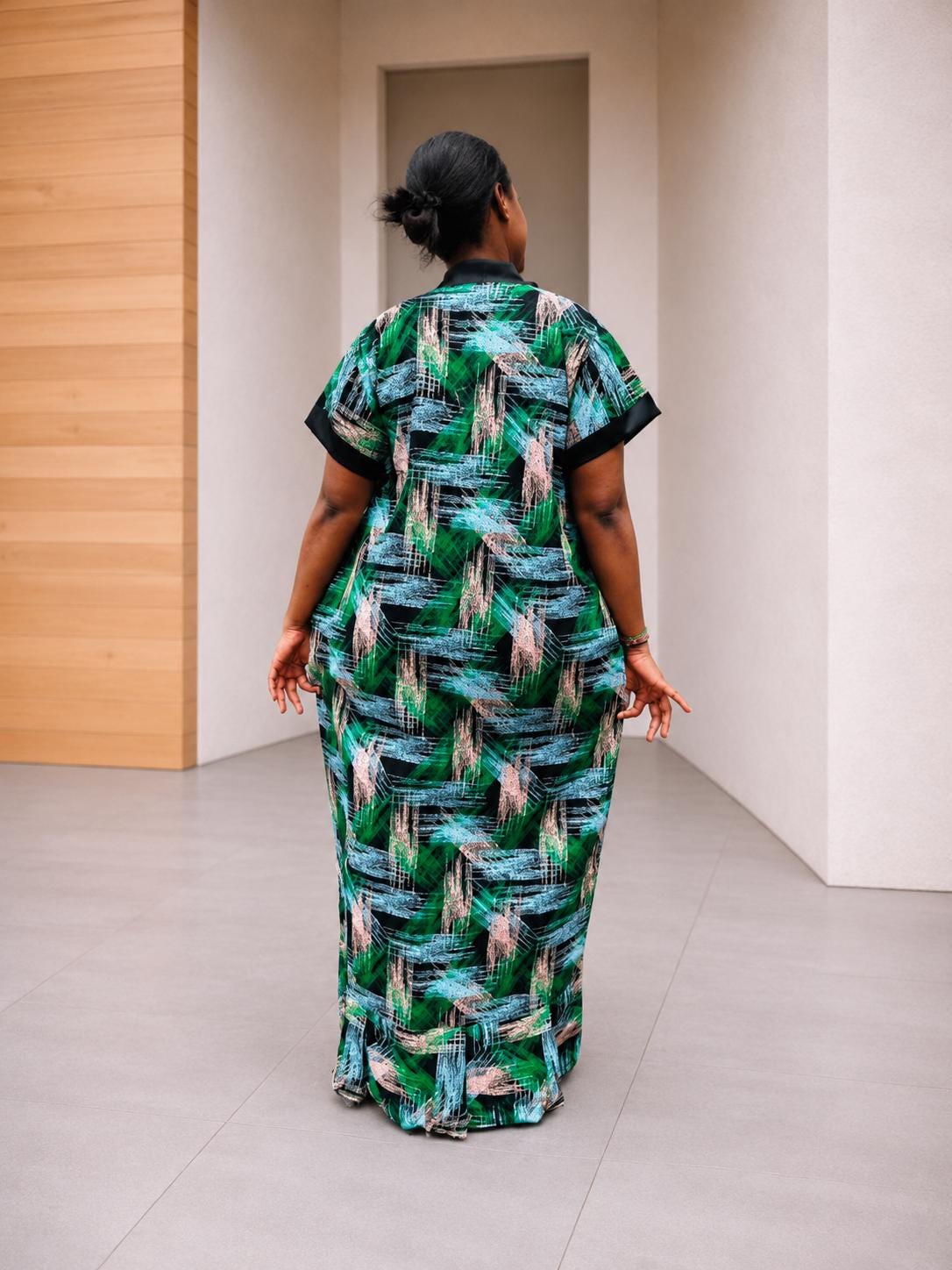 Open-Front Kampala Maxi Gown | Brushstroke Silk Kaftan, Satin-Placket Adire