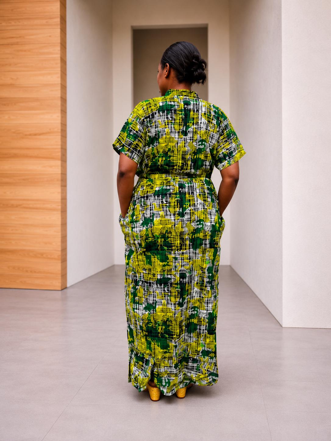 Crosshatch Kampala Boubou | Abstract Batik Kaftan Gown, Free-Size Silk Maxi