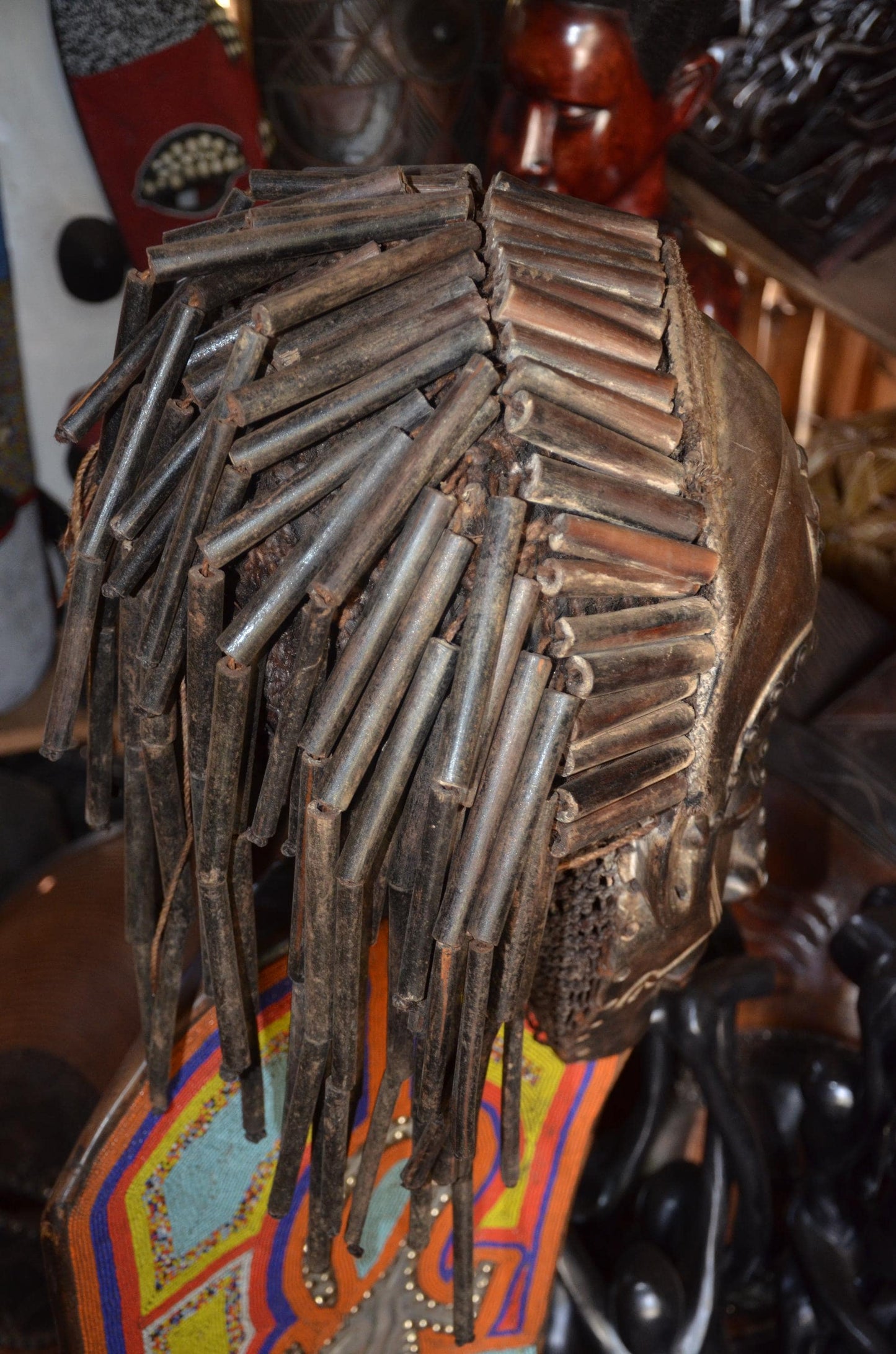 Authentic African Chokwe Mwana Pwo Mask - 19" Beaded Stand Display, Metallic Stud Details, Elegant Angola Tribal Wood Carving.