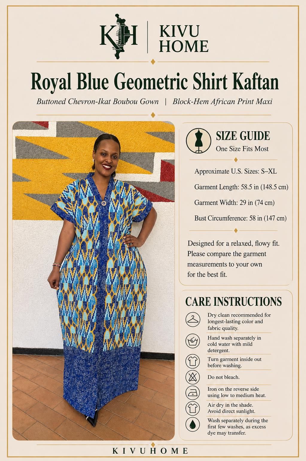 Royal Blue Geometric Shirt Kaftan | Buttoned Chevron-Ikat Boubou, Block-Hem Maxi