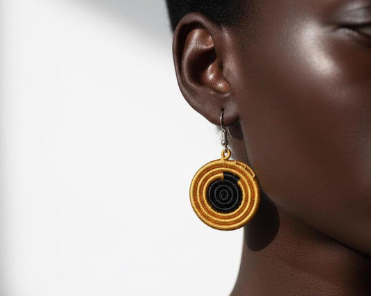 Small Black Yellow Sisal Rwandan Earrings, Handmade Woven African Basketry Jewelry, Boho Fiber Art