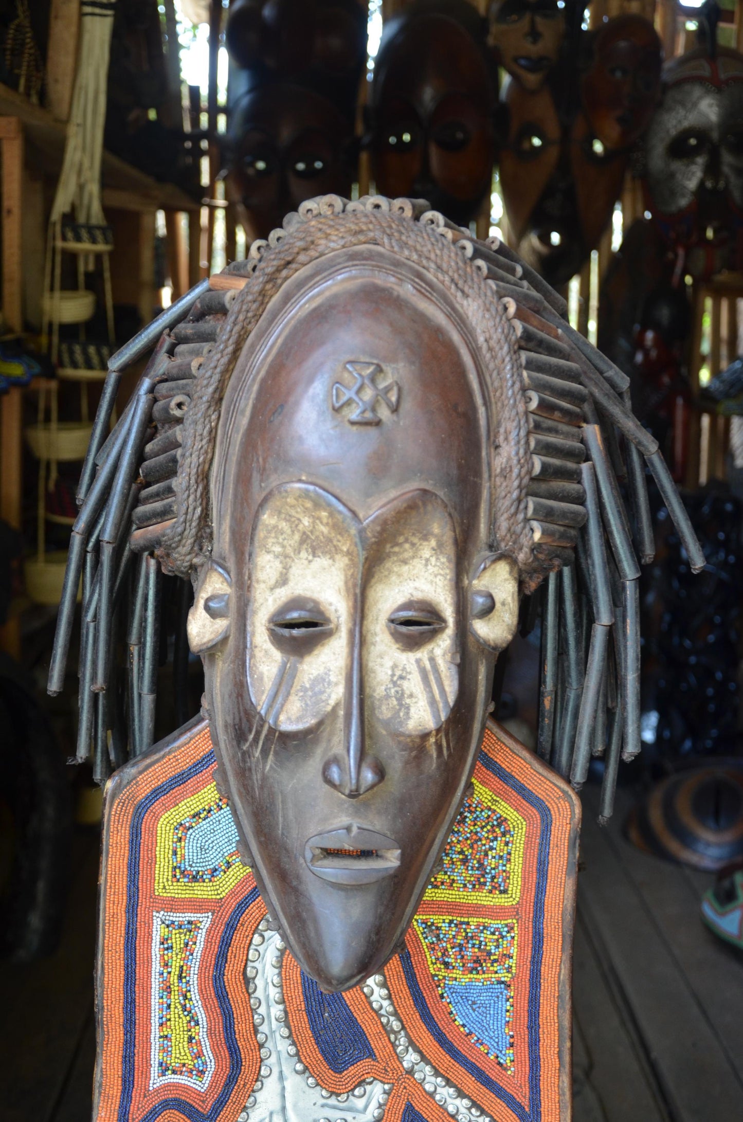 Authentic African Chokwe Mwana Pwo Mask - 21" Large Beaded Stand Display, Angola Tribal Face Mask, Elegant Wood Carving.