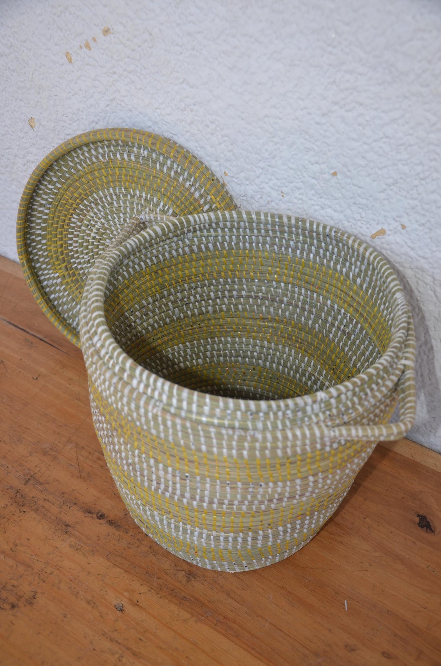Handwoven Senegalese Coil Basket with Lid | Yellow and White Boho Storage Bin