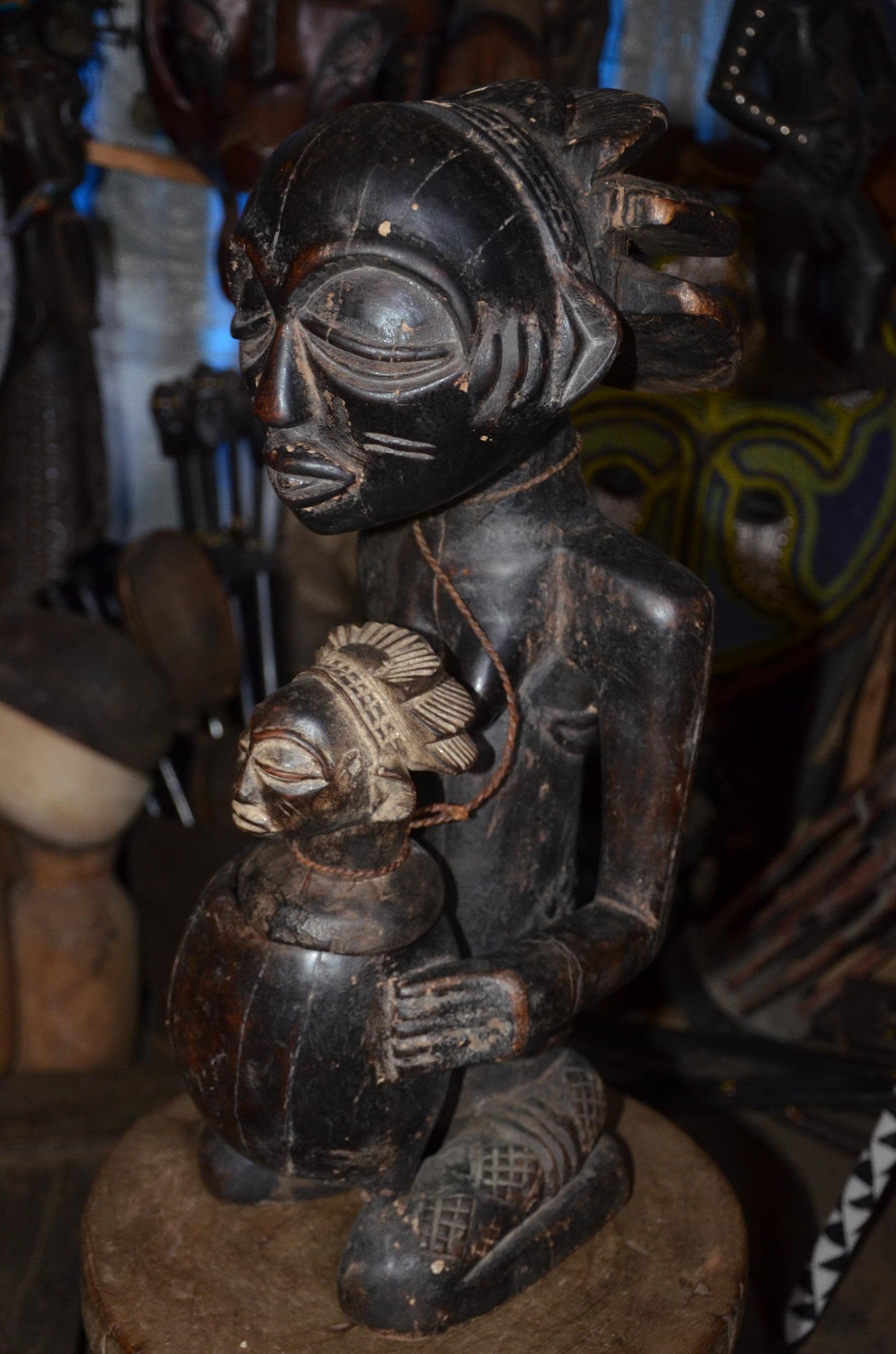 Luba Female Bowl Bearer | Mboko Wood Sculpture | Authentic Congolese Tribal Art