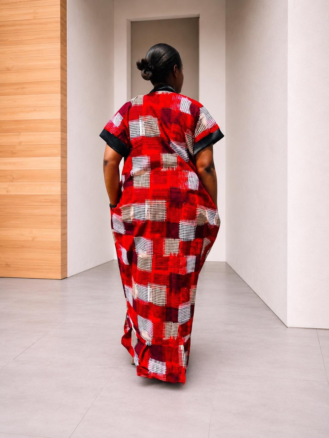 Open-Front Plaid Kampala Gown | Red Geometric Silk Kaftan, Satin-Placket Adire