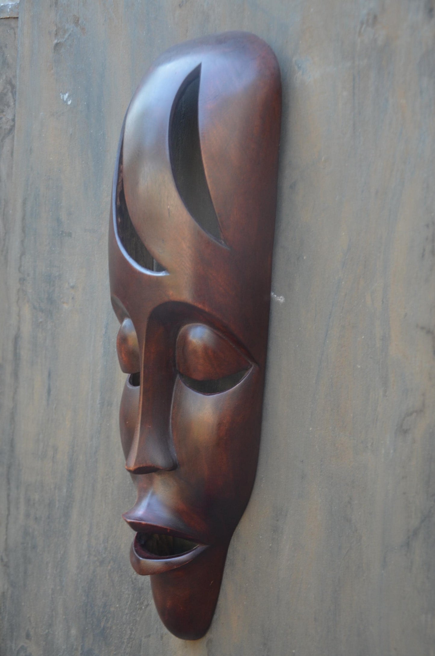 An Authentic Fang Ngil-Style Elongated Mask - 24" Sleek Gabon African Wood Mask, Contemporary Openwork Statement Wall